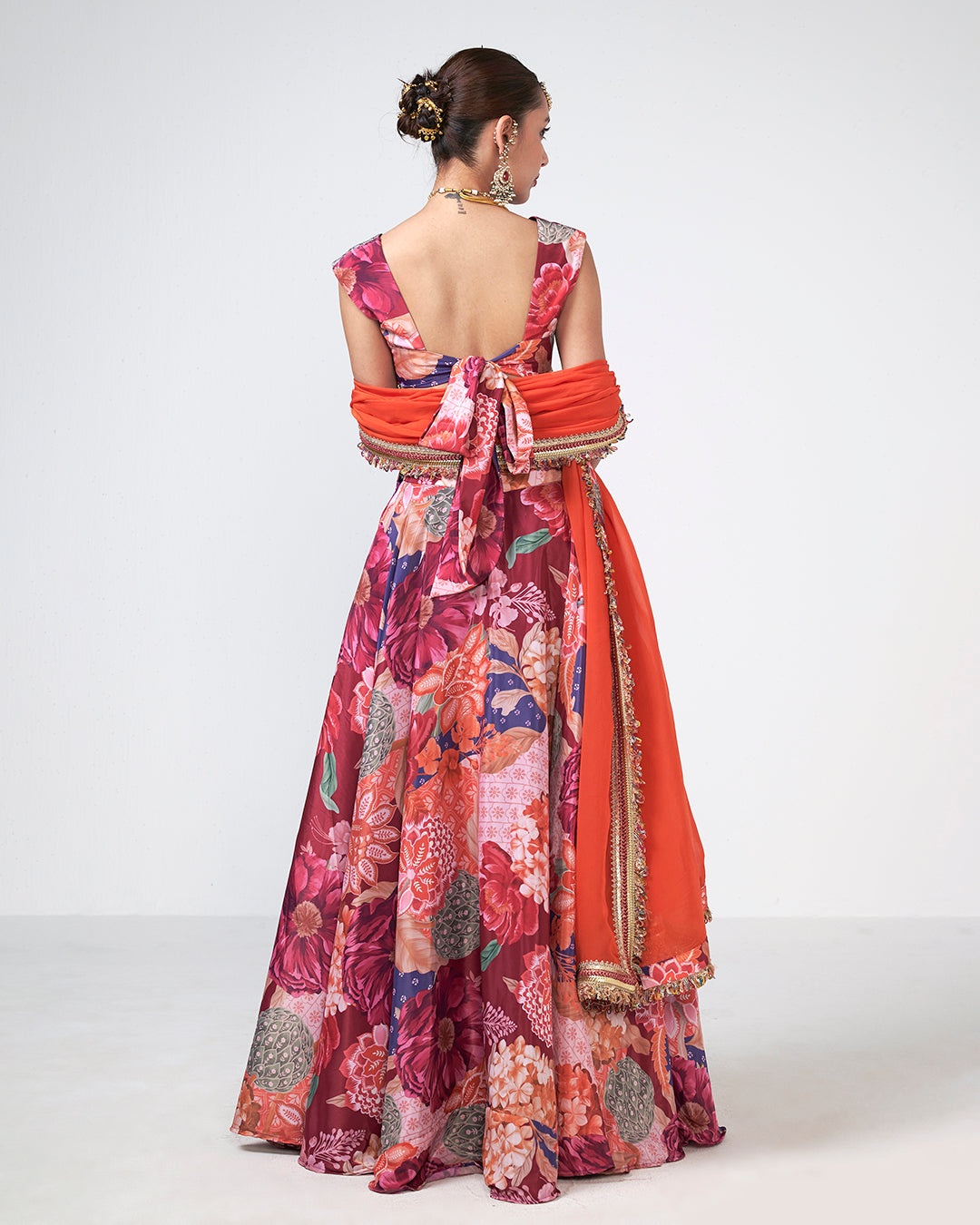 Floral Printed Lehenga Set with Coral Dupatta