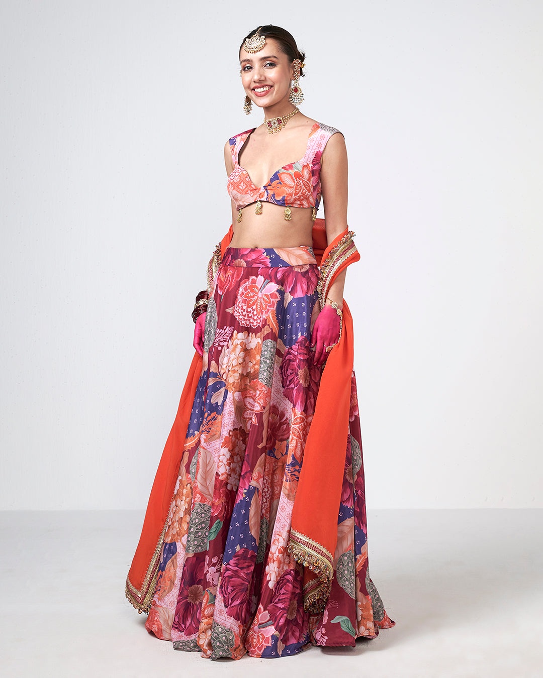 Floral Printed Lehenga Set with Coral Dupatta