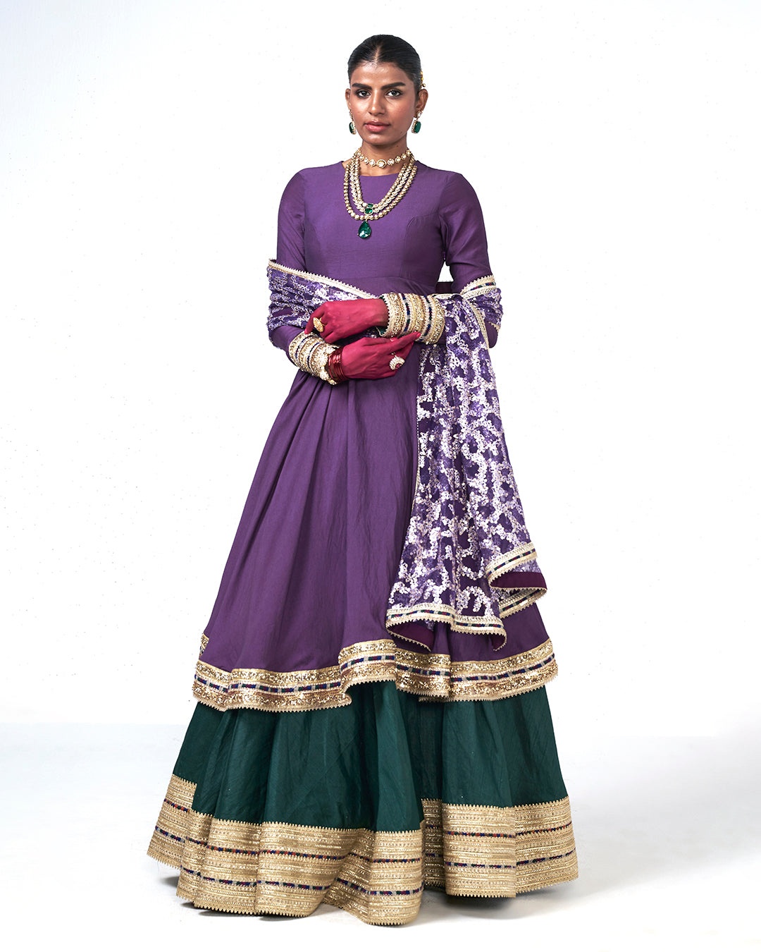 Royal Violet Anarkali with Emerald Sharara
