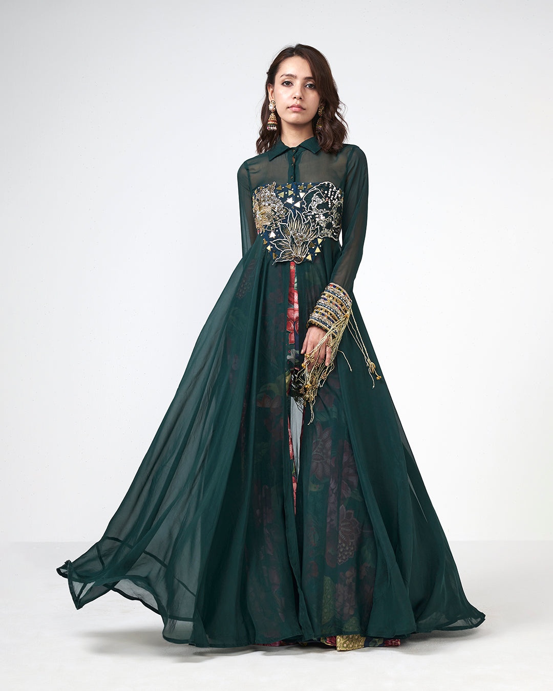 Emerald Embellished Cape Gown