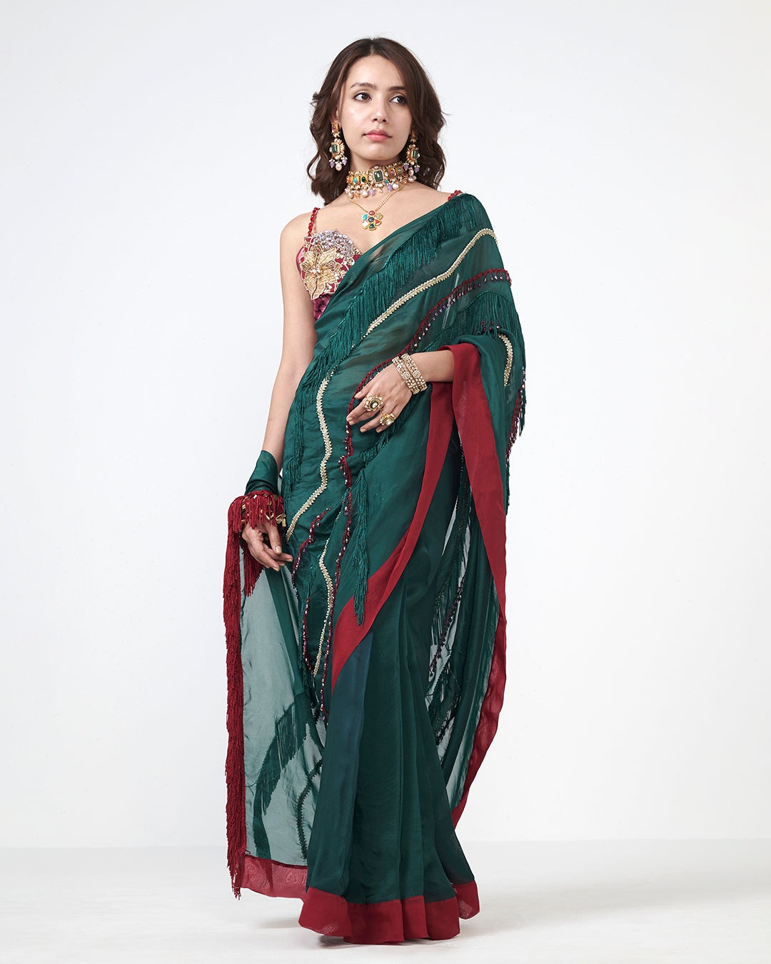 Emerald Fringe Embellished Sari