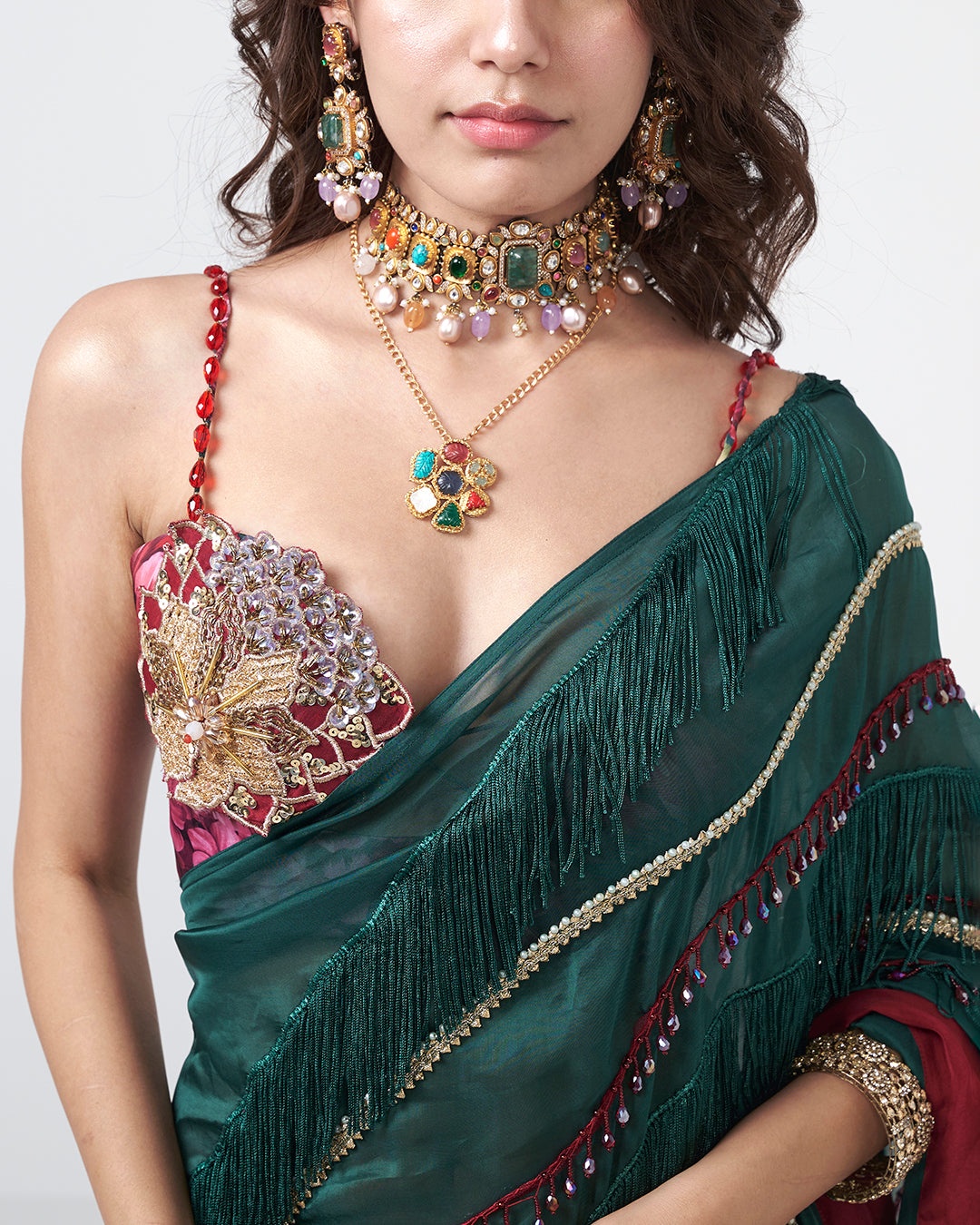 Emerald Fringe Embellished Sari