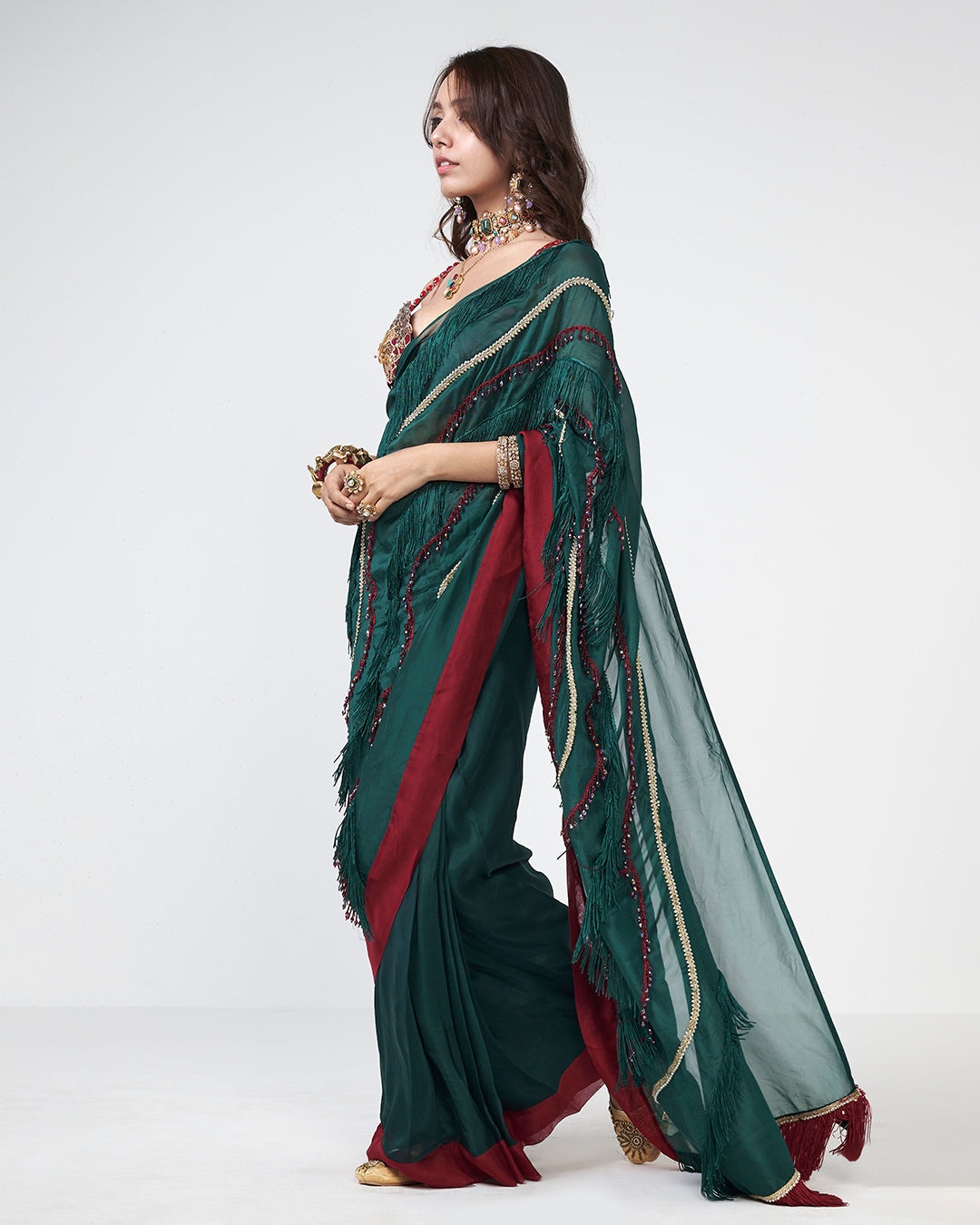 Emerald Fringe Embellished Sari