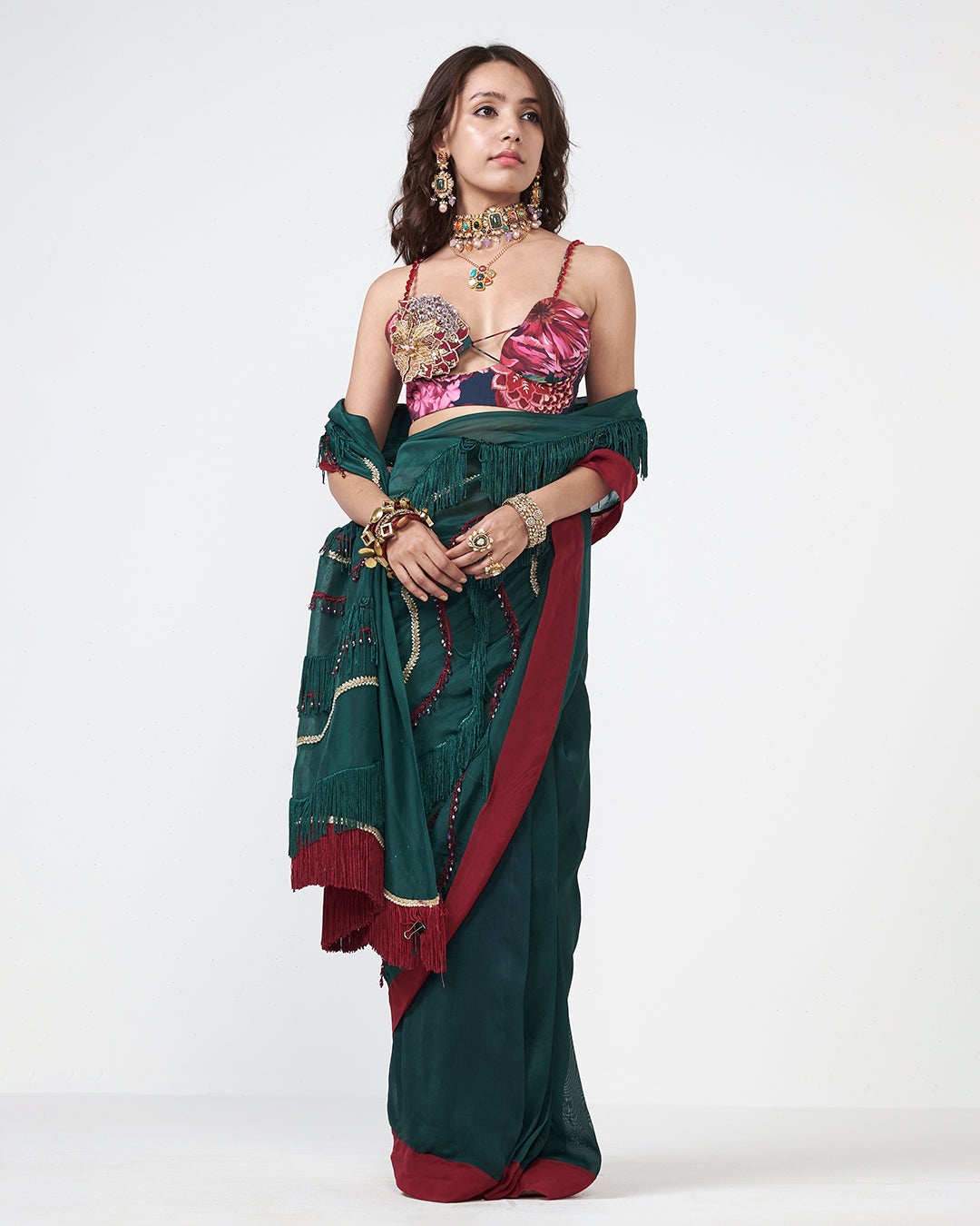 Emerald Fringe Embellished Sari