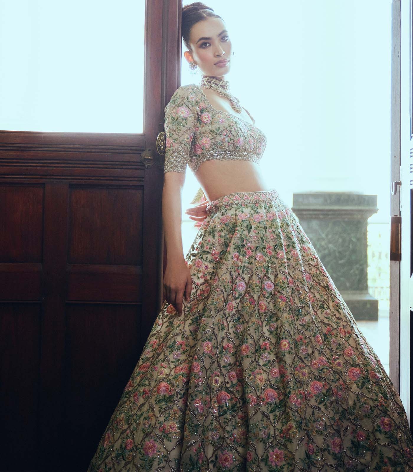 Embroidered Sage Green Floral Bridal Lehenga