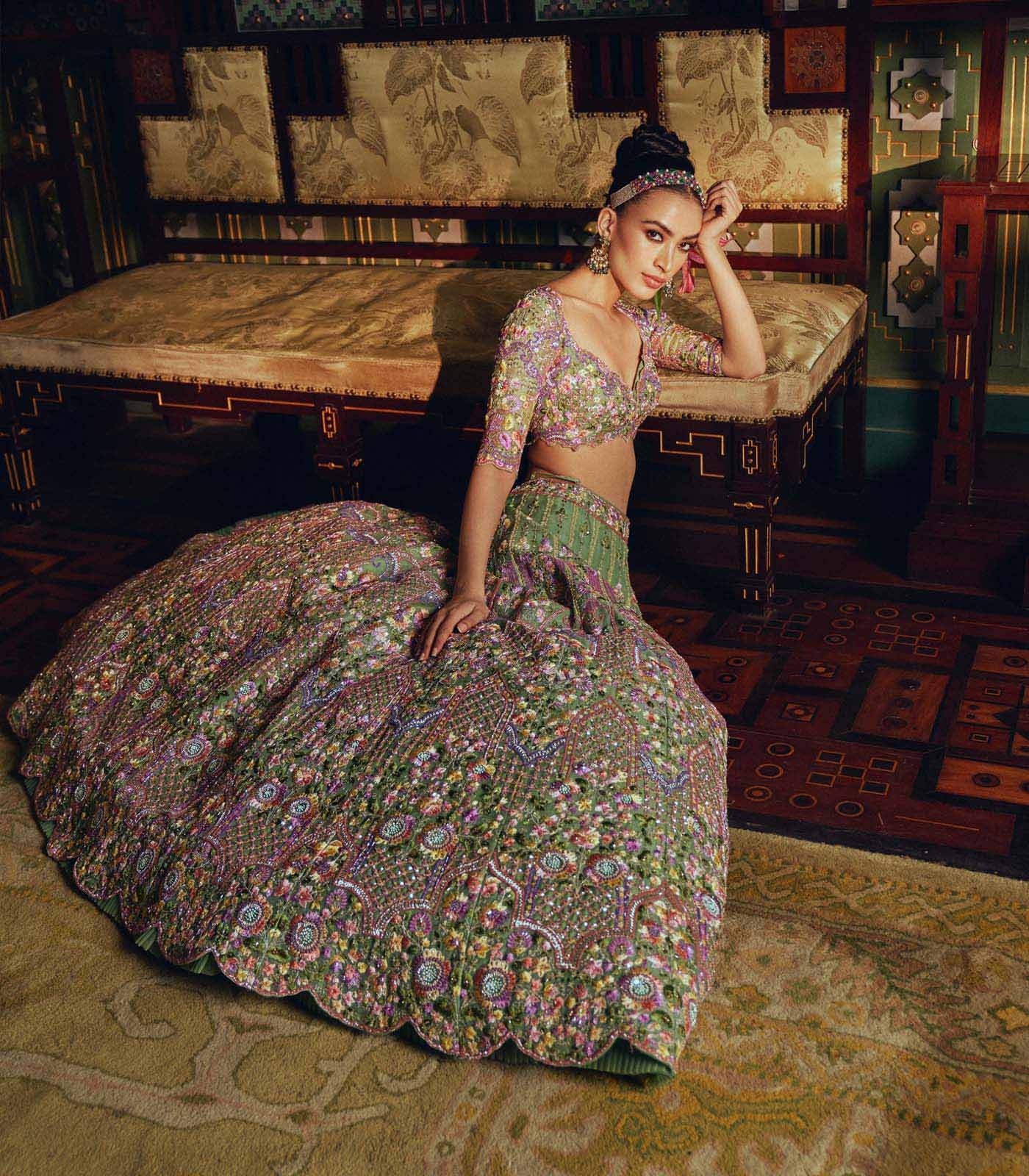 Sage Green Floral Embroidered Couture Lehenga