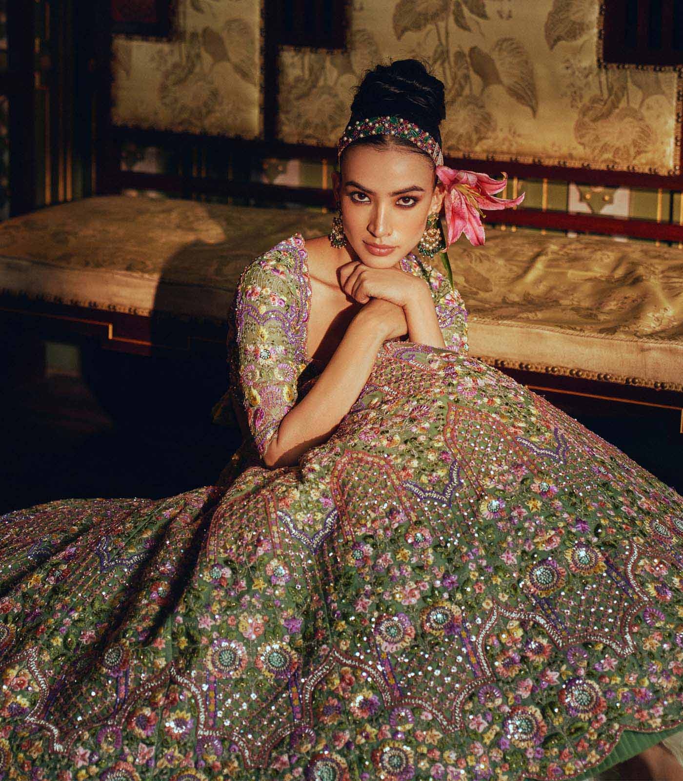 Sage Green Floral Embroidered Couture Lehenga
