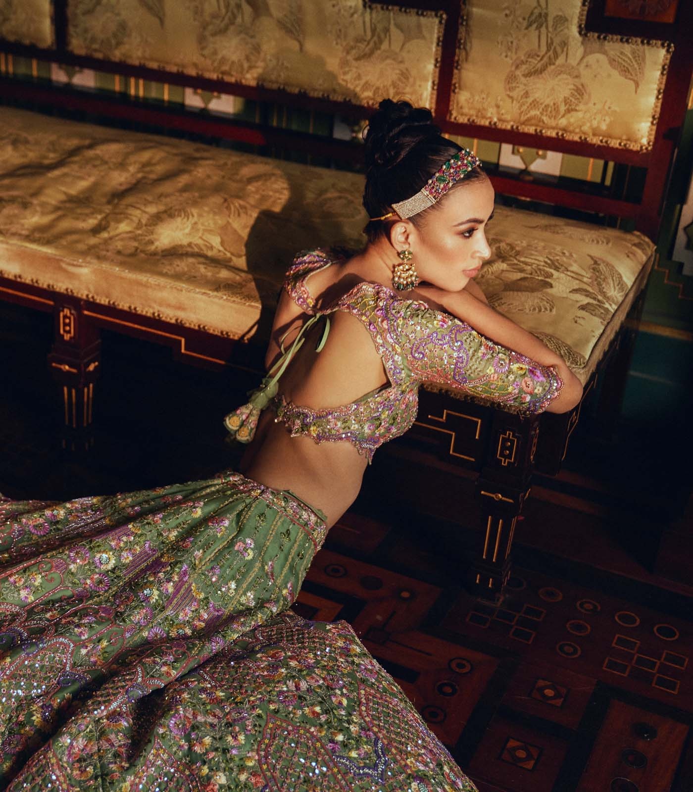 Sage Green Floral Embroidered Couture Lehenga