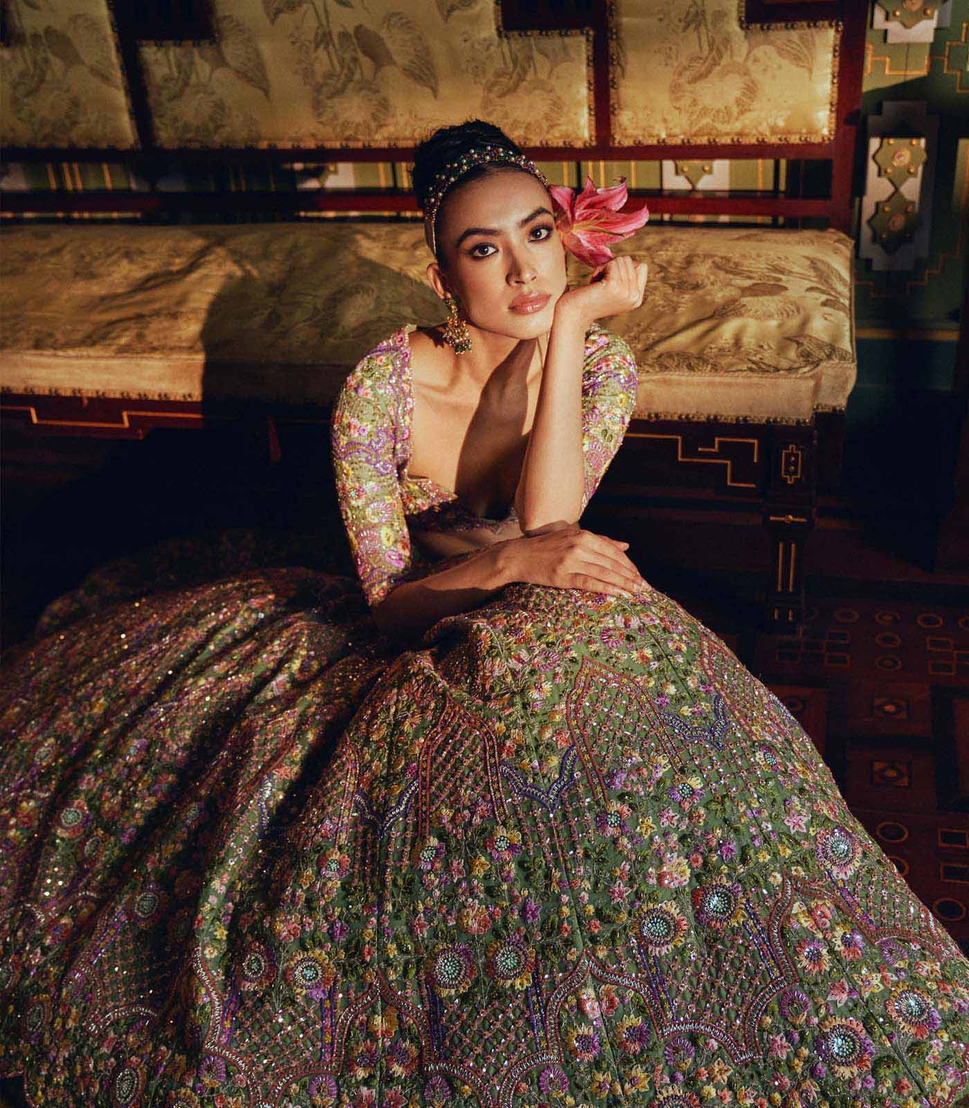 Sage Green Floral Embroidered Couture Lehenga