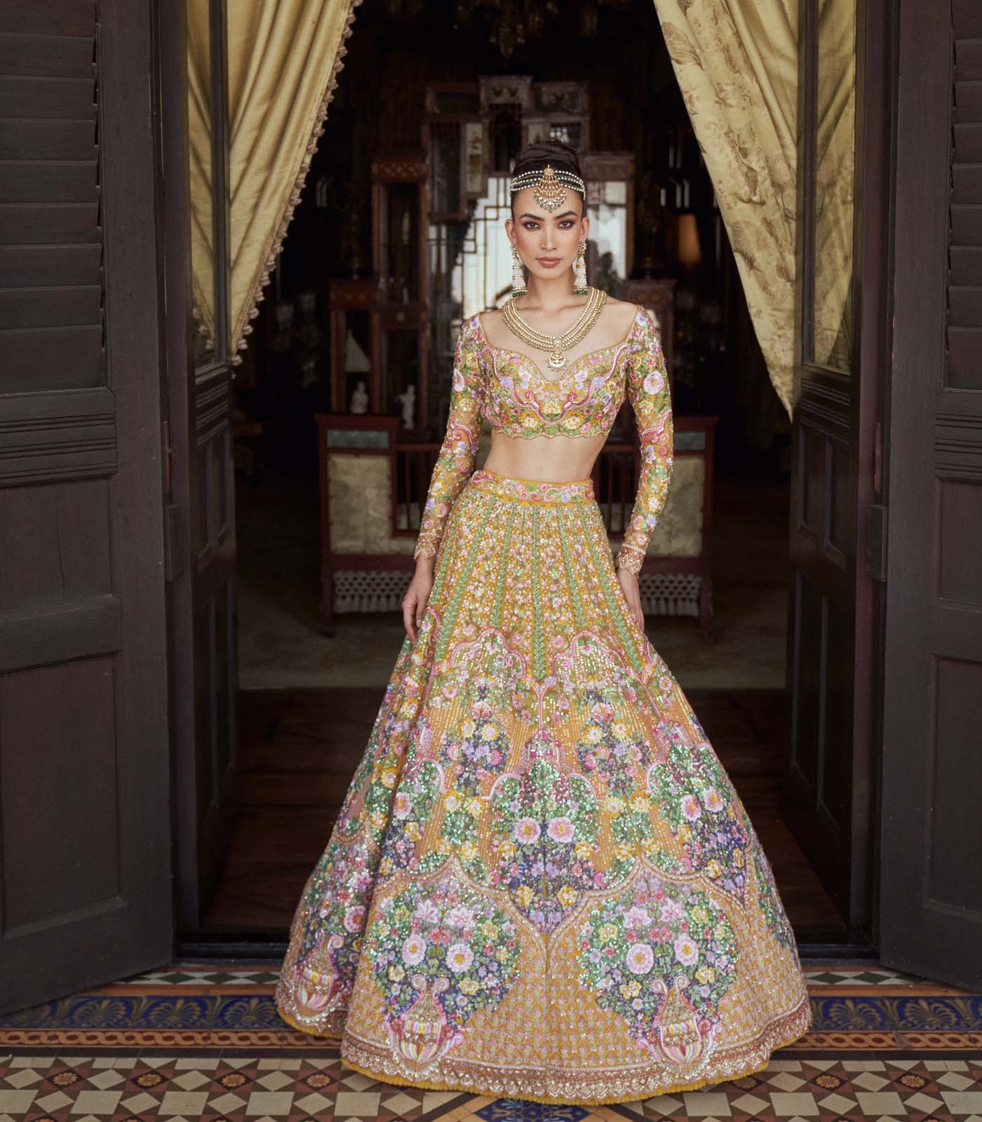 Mustard Yellow Floral Embroidered Couture Lehenga