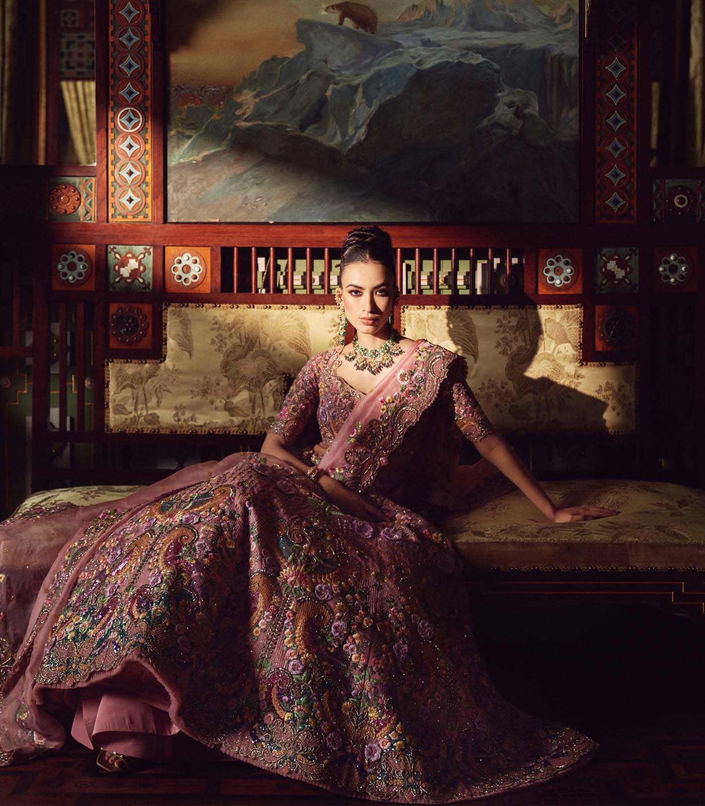 Dusty Rose Floral Embroidered Couture Lehenga