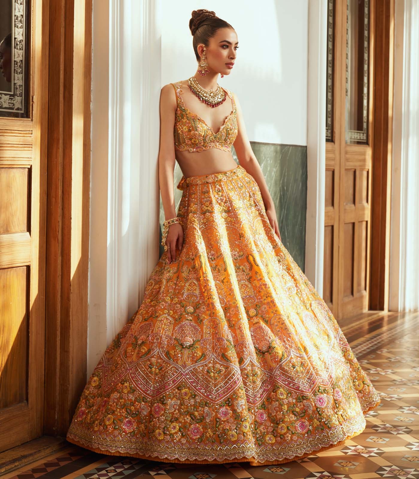 Sunlit Orange Floral Embroidered Couture Lehenga