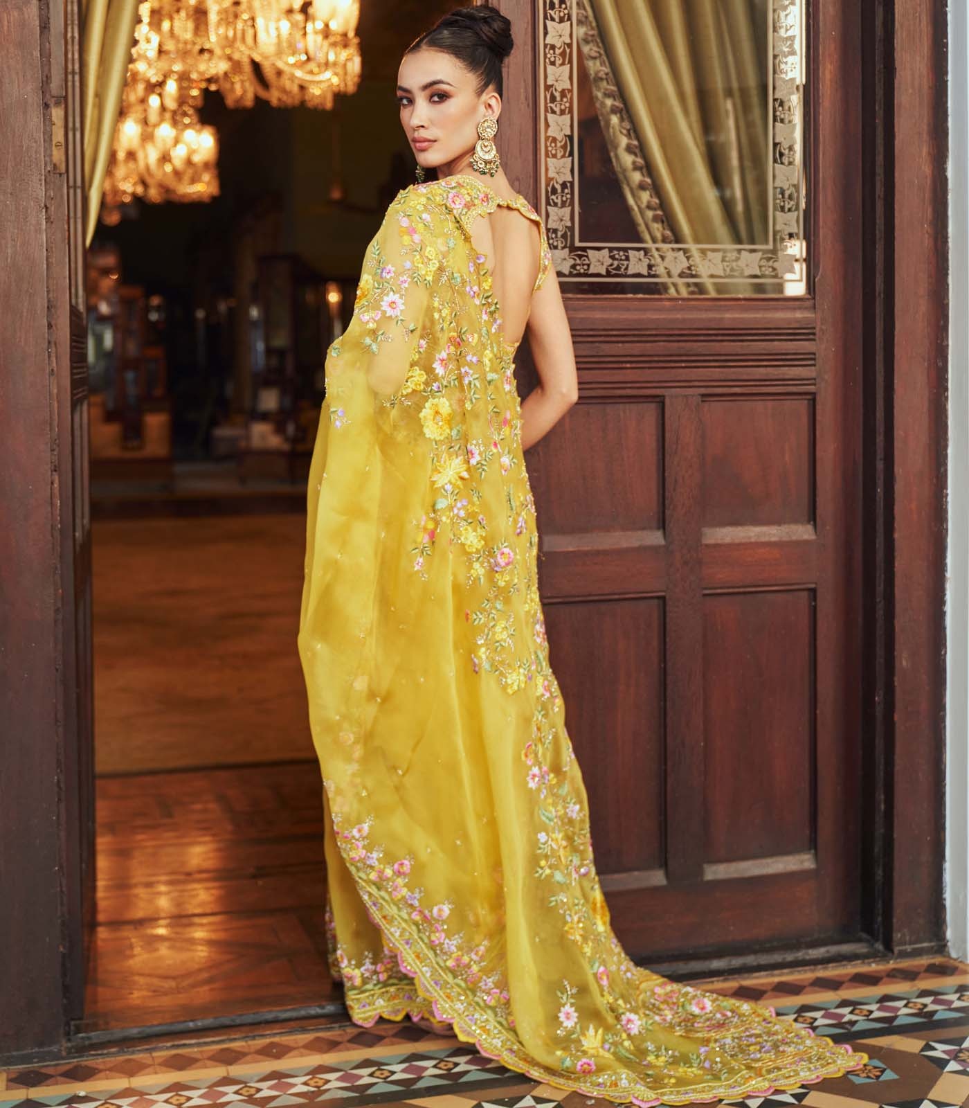 Mustard Yellow Floral Embroidered Bridal Lehenga