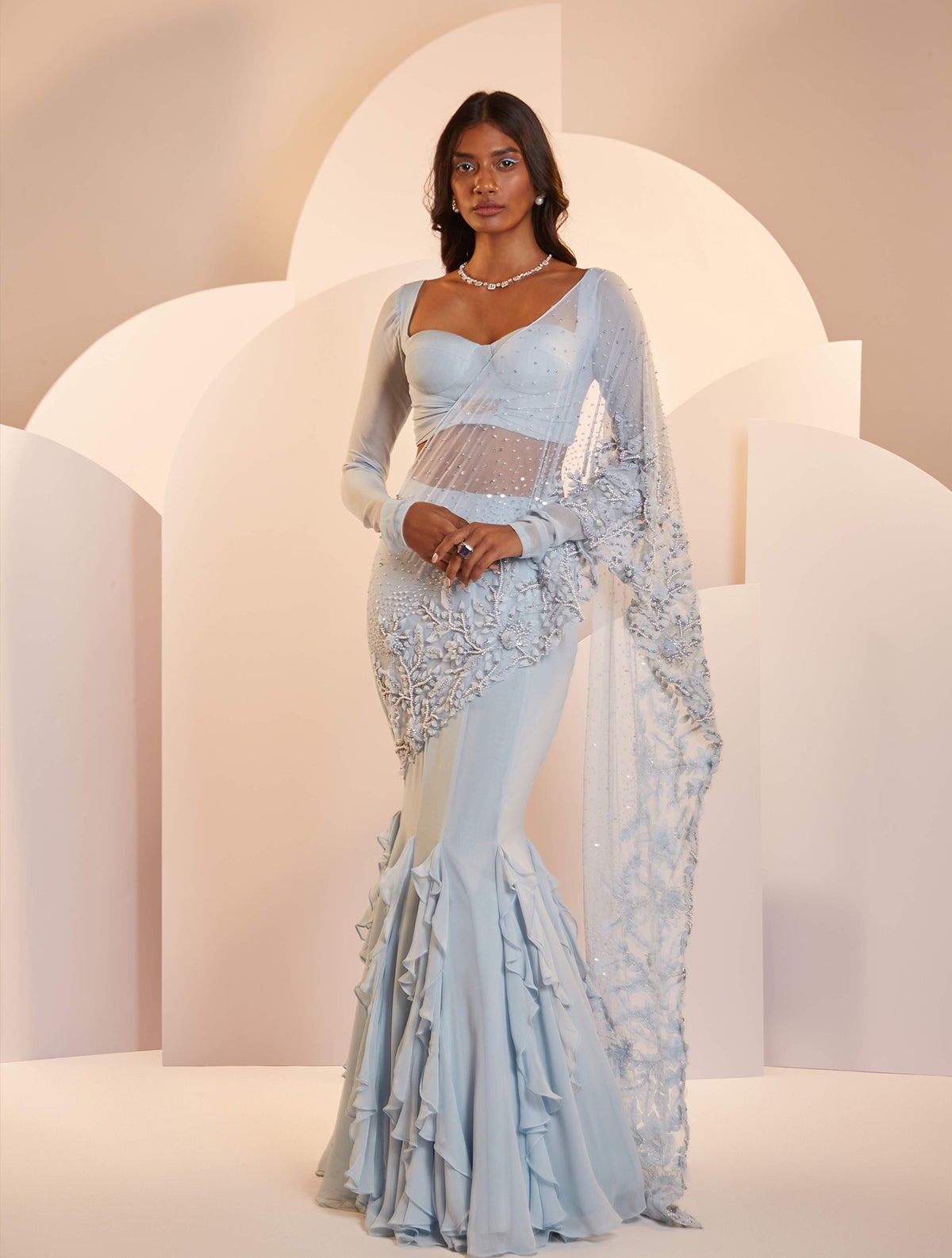 Ice Blue Embellished Mermaid Gown with Embroidered Drape