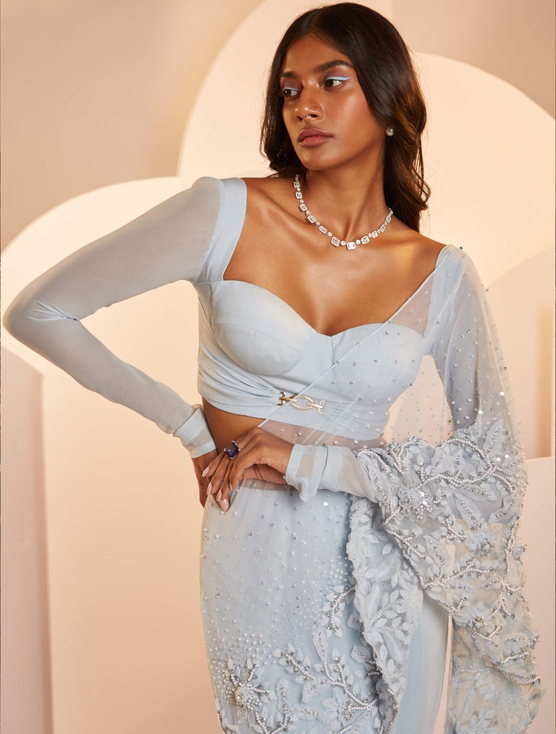 Ice Blue Embellished Mermaid Gown with Embroidered Drape