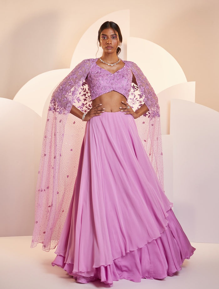 Lavender Embellished Lehenga Set with Cape Sleeves
