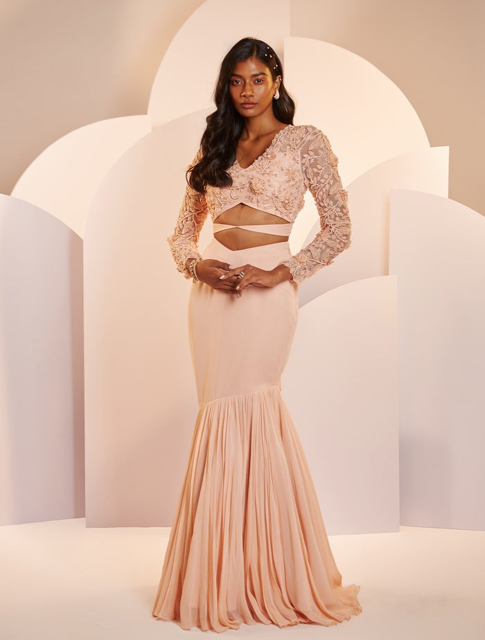 Blush Pink Embellished Mermaid Gown with Floral Lace Bodice