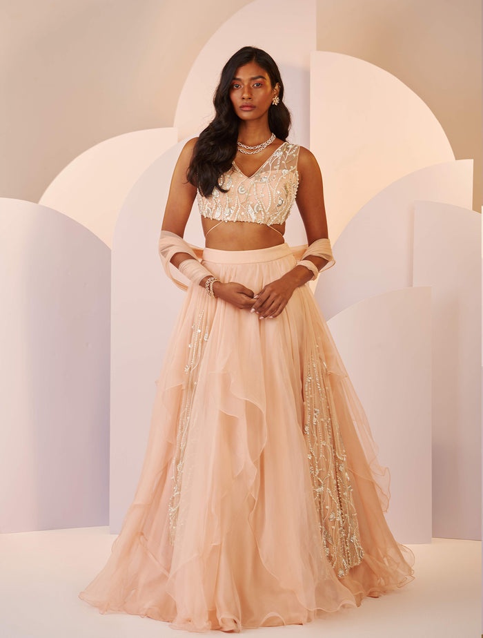 Champagne Embellished Lehenga Set with Ruffled Organza Skirt