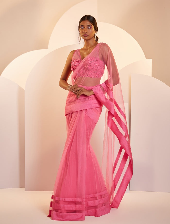 Pink Embellished Organza Sari with Floral Blouse