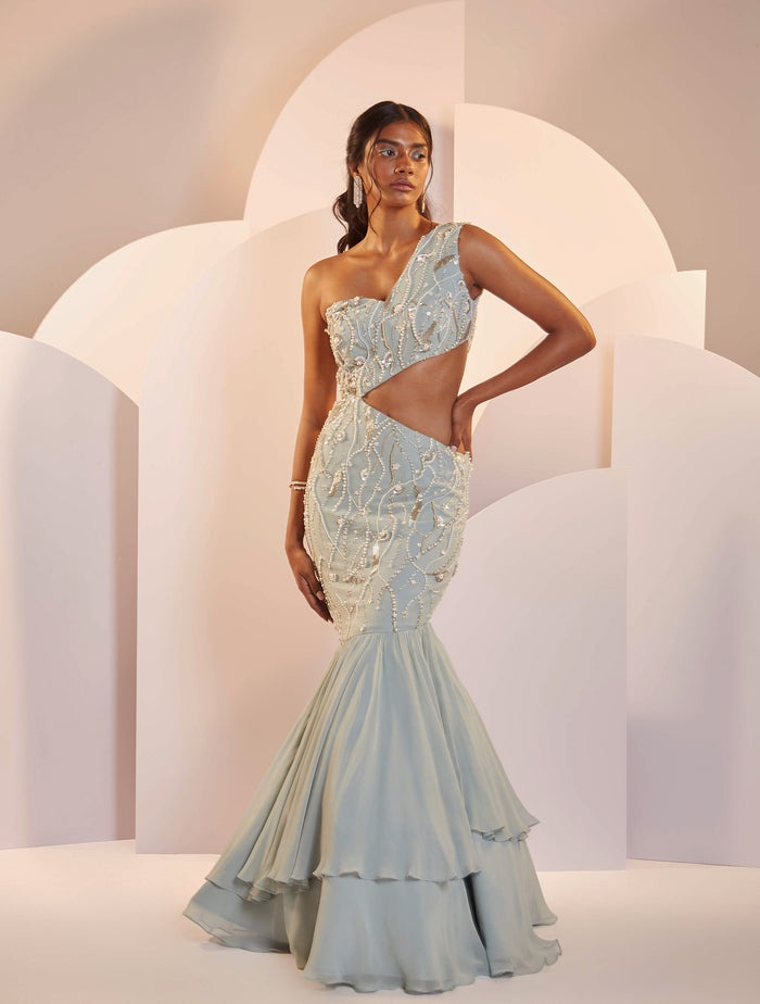 Ice Blue One-Shoulder Embellished Mermaid Gown