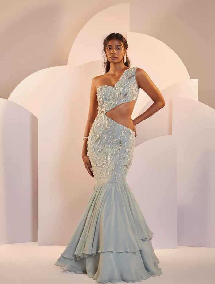 Ice Blue One-Shoulder Embellished Mermaid Gown