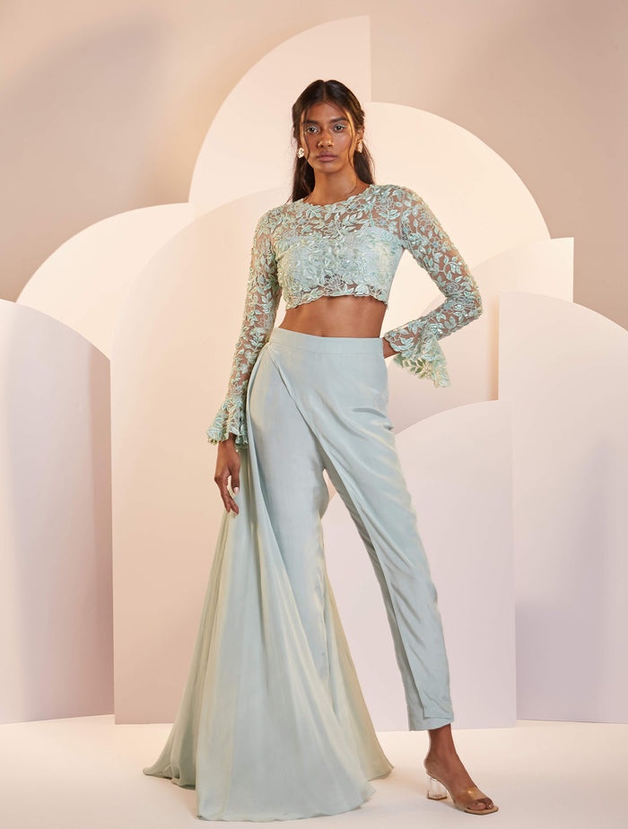 Ice Blue Lace Co-ord Set with Draped Overlay