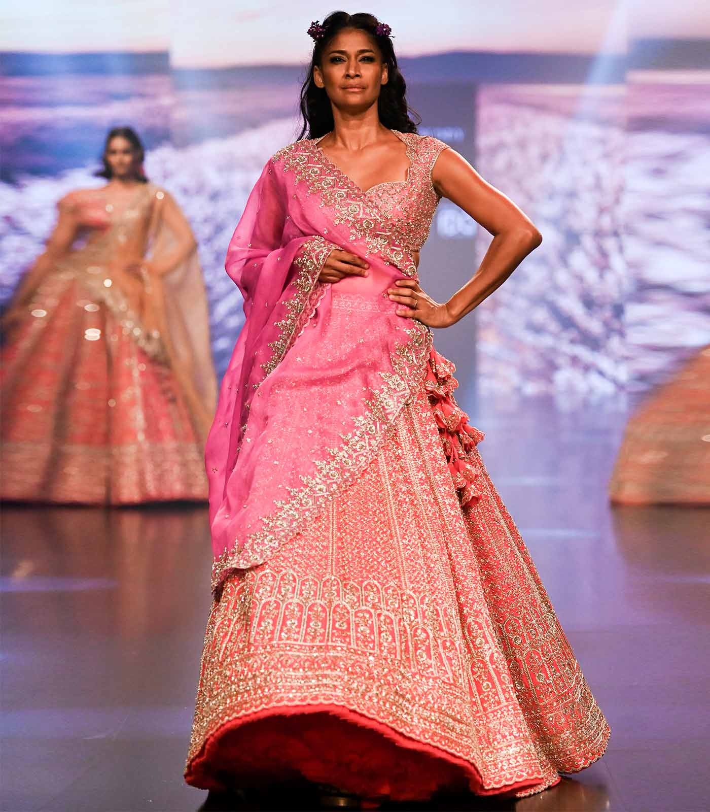 Hot Pink Bridal Lehenga with Silver Embroidery and Draped Dupatta