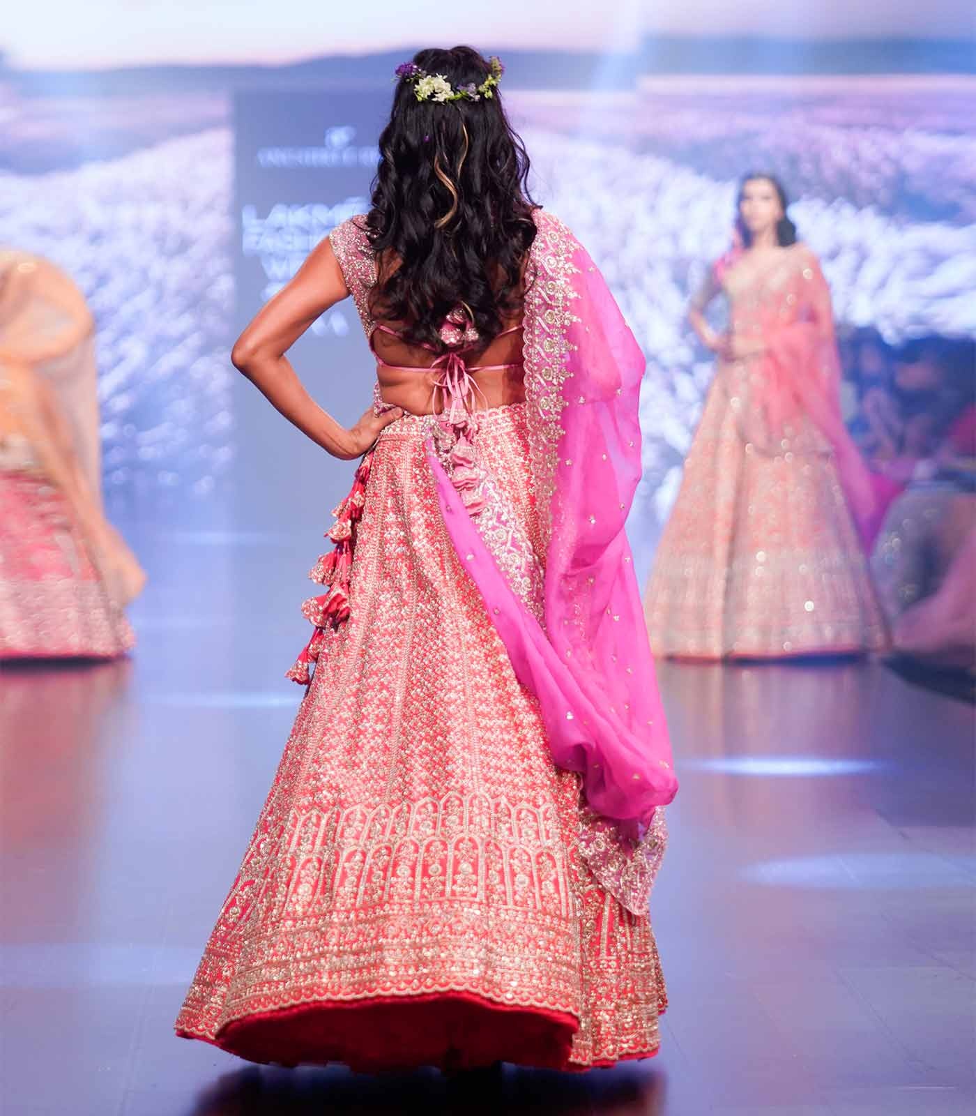 Hot Pink Bridal Lehenga with Silver Embroidery and Draped Dupatta