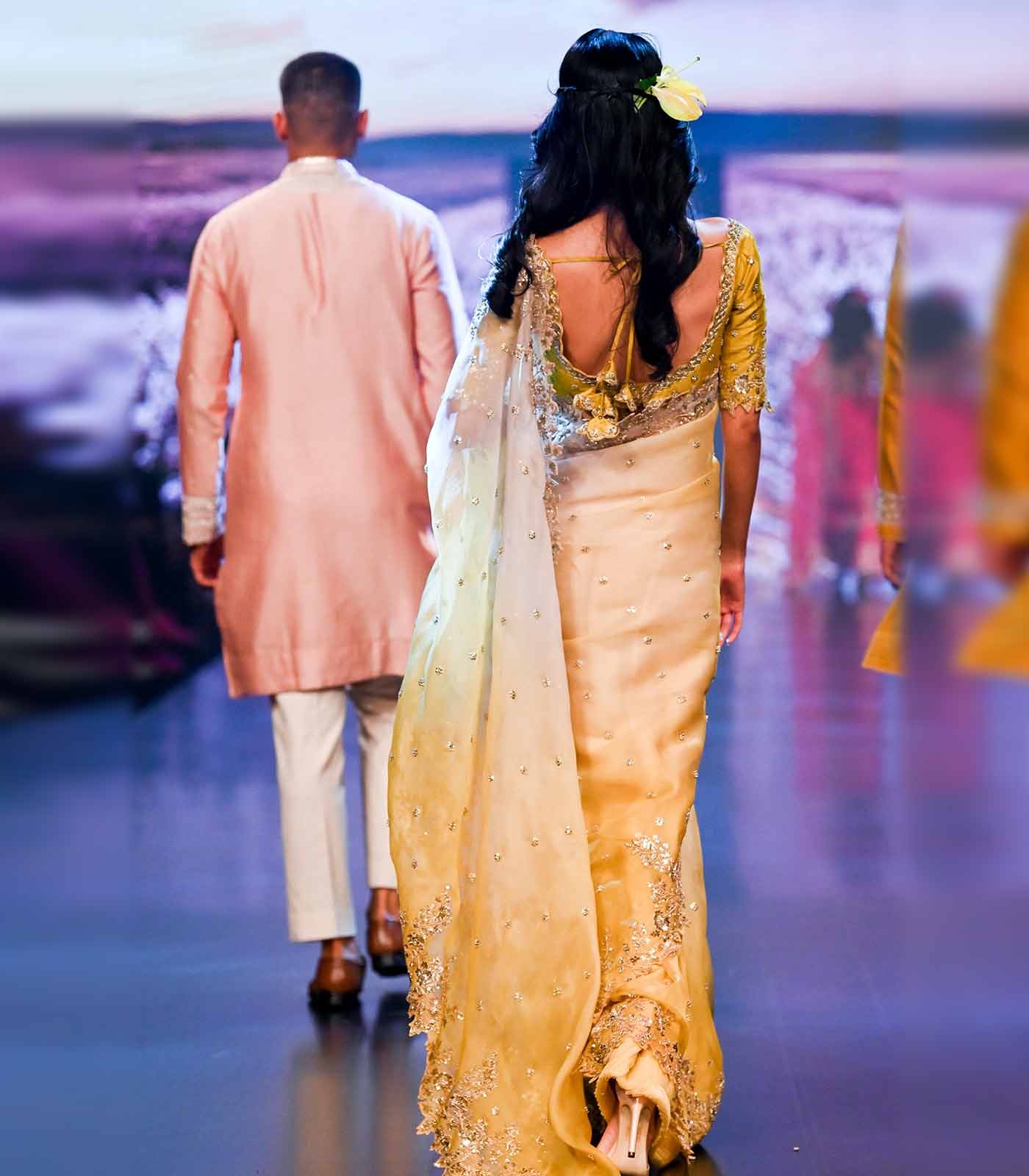 Butter Yellow Sari with Silver Embroidery and Embellished Border