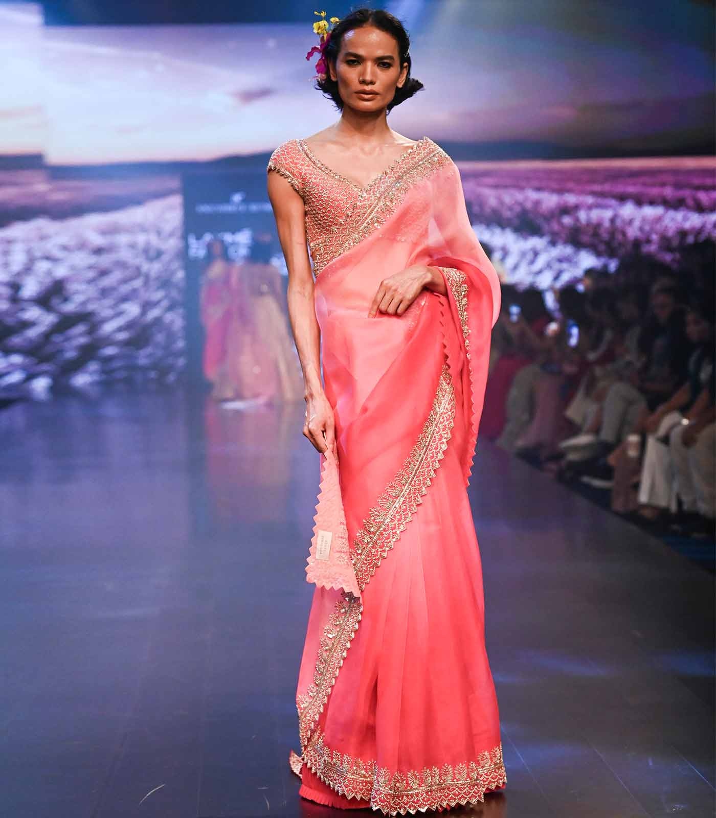 Coral Pink Sari with Silver Embroidered Border