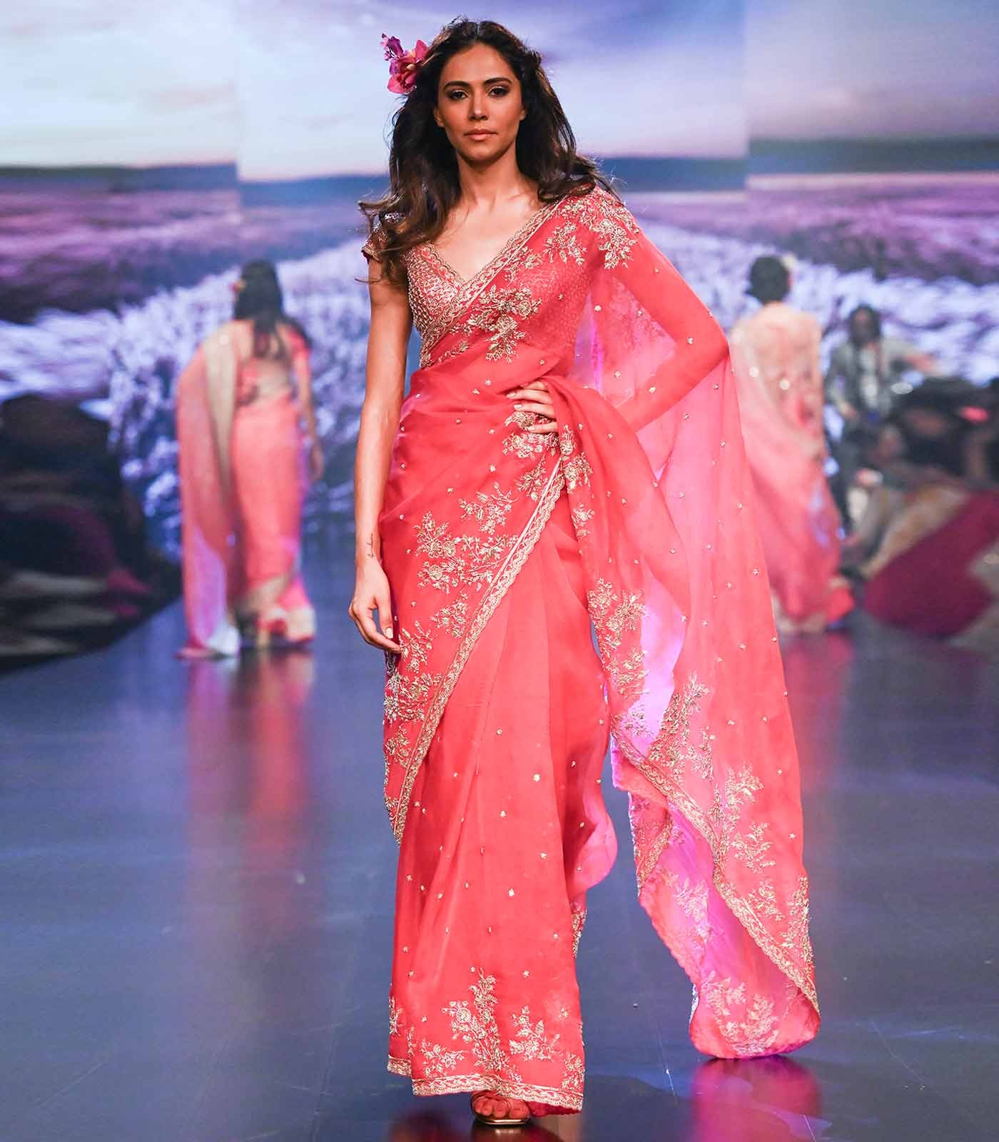 Coral Pink Sari with Floral Silver Embroidery