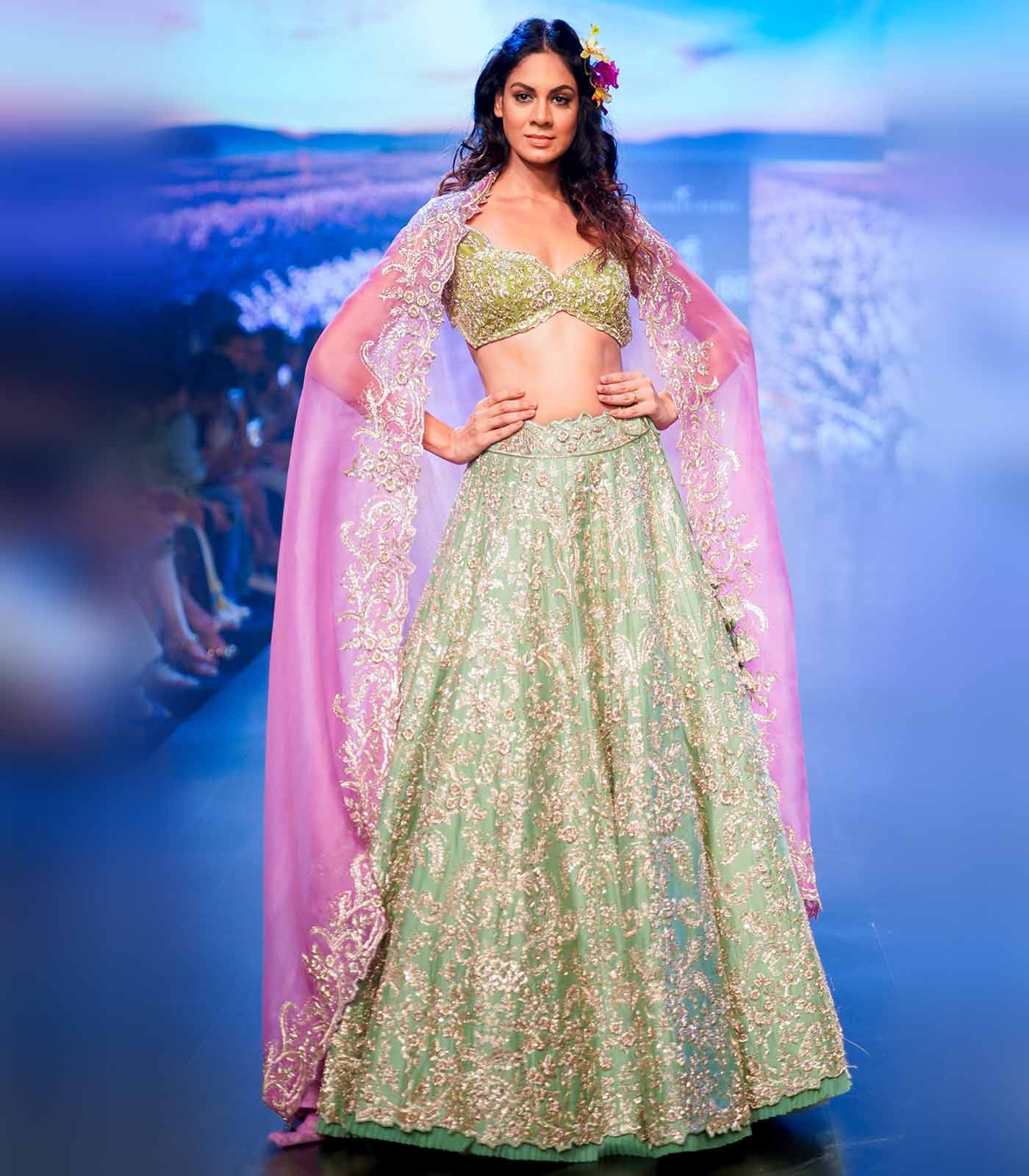 Mint Green Embellished Lehenga with Pink Embroidered Dupatta