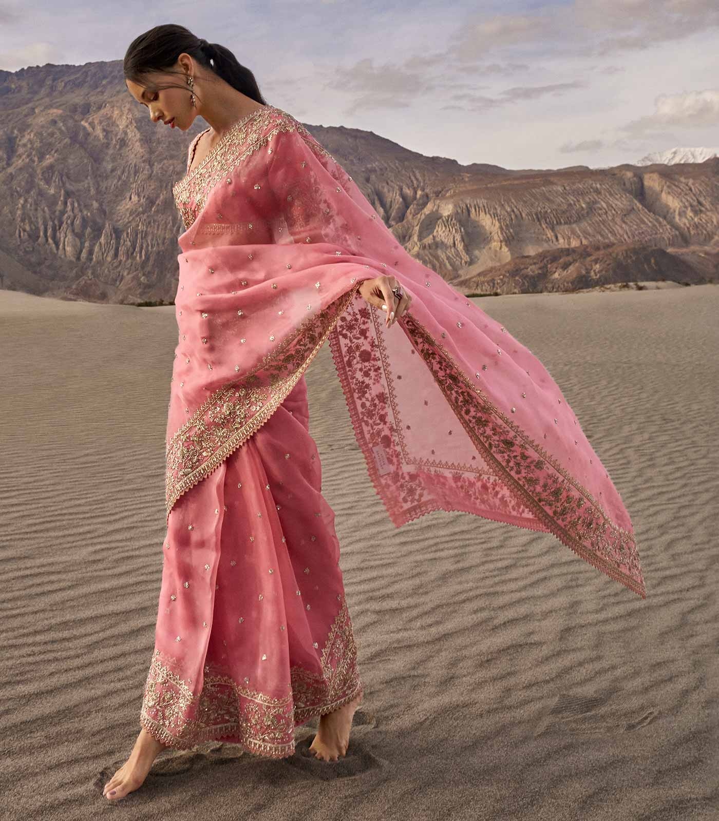 Rose Pink Organza Sari with Gold Floral Embroidery