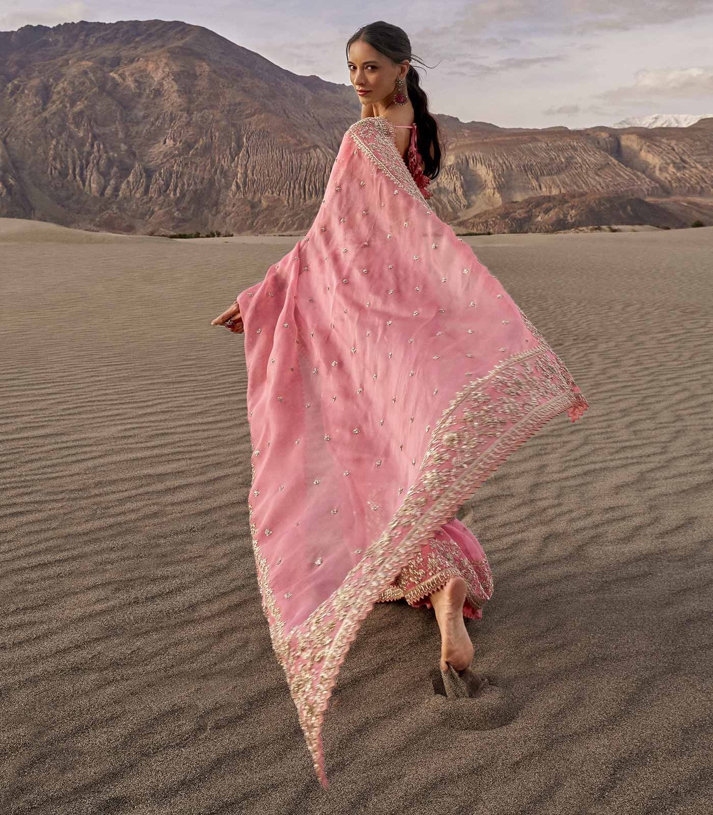 Rose Pink Organza Sari with Gold Floral Embroidery