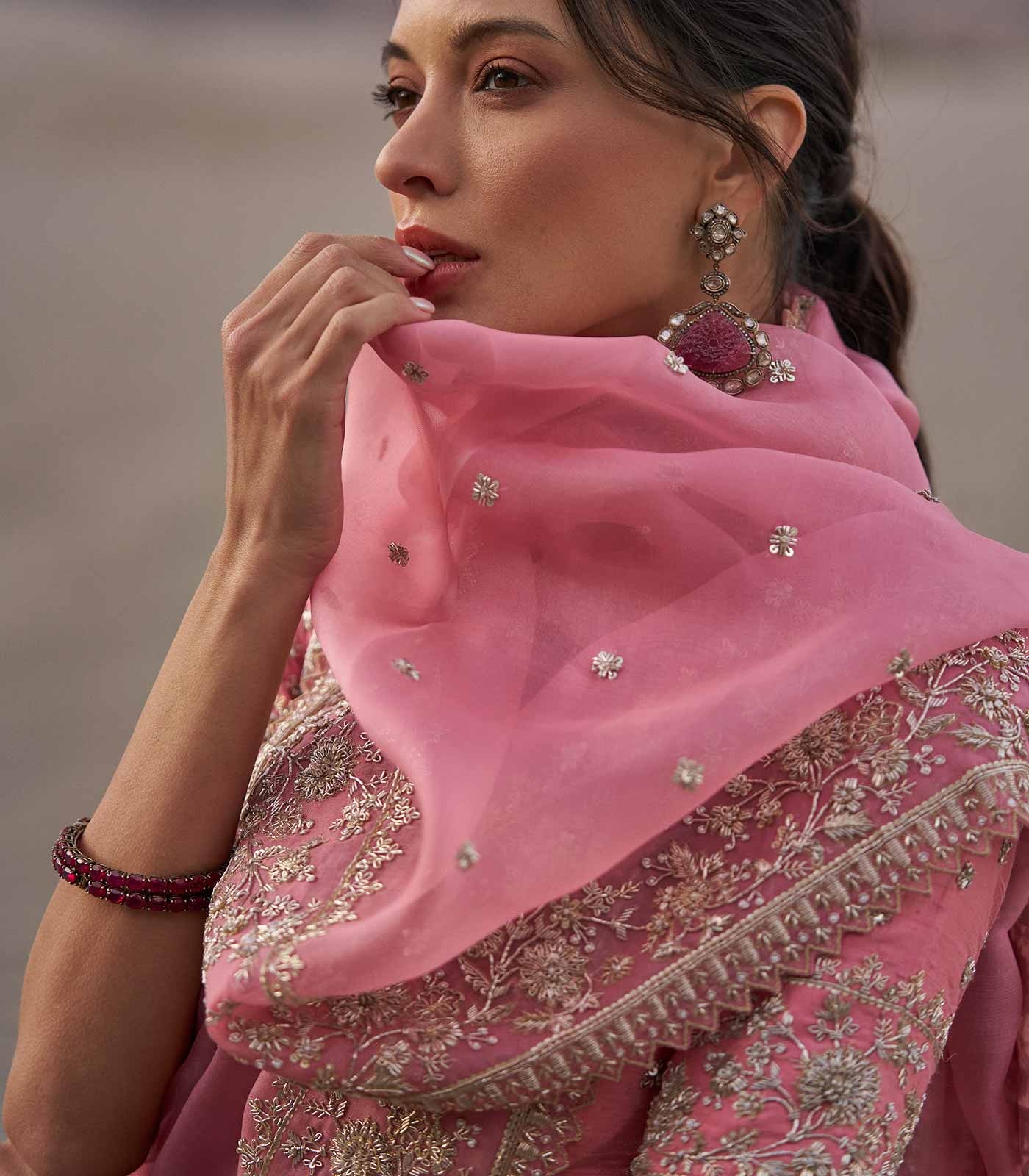 Rose Pink Organza Sari with Gold Floral Embroidery