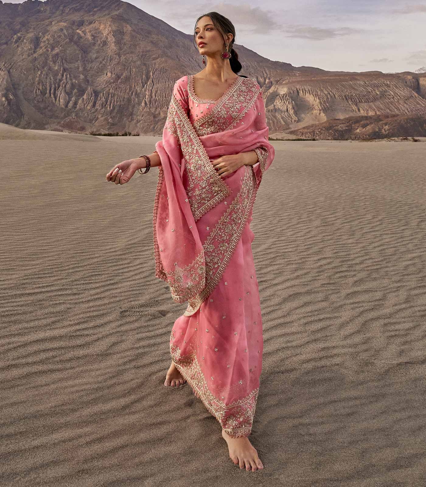 Rose Pink Organza Sari with Gold Floral Embroidery