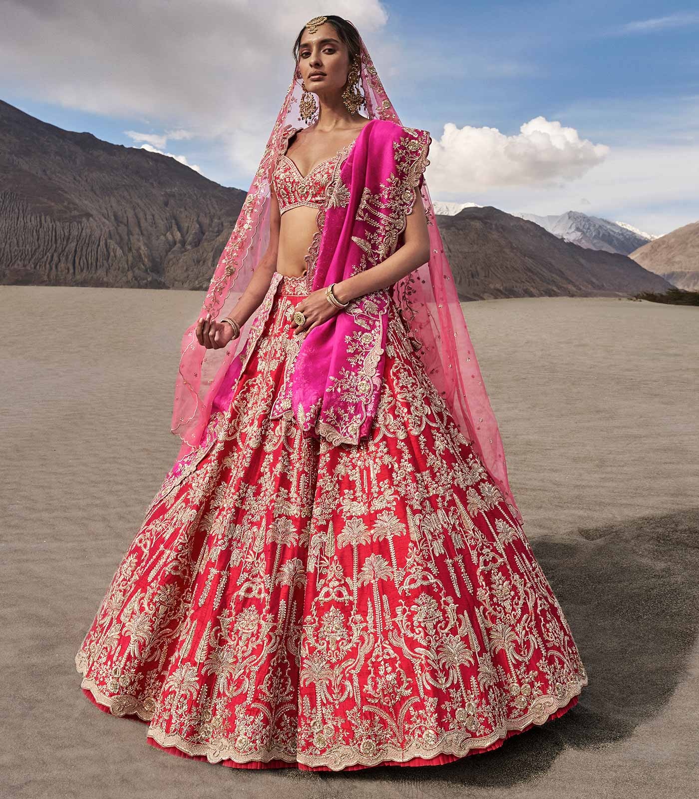 Fuchsia Pink Bridal Lehenga with Gold Zari Embroidery