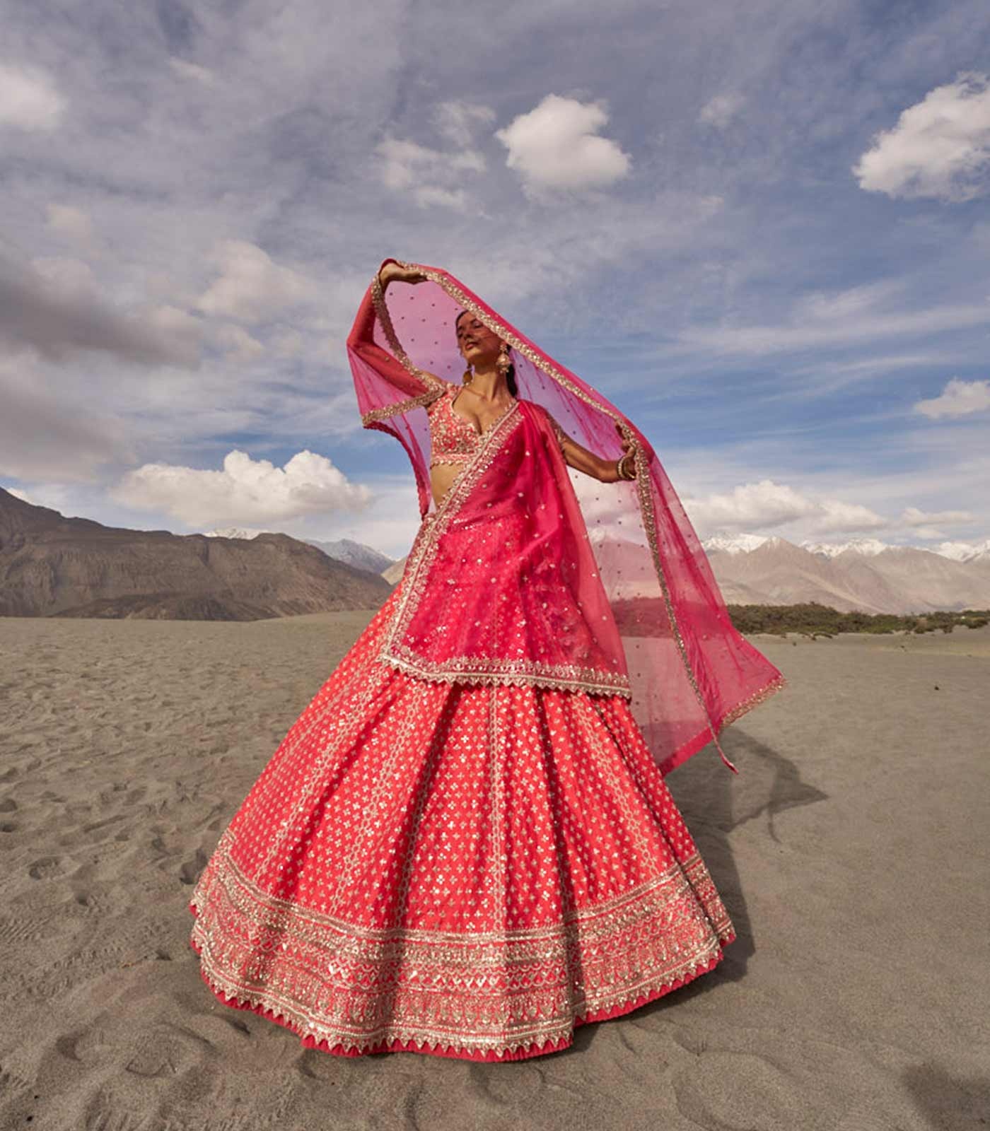 Rani Pink Embroidered Lehenga Set with Layered Dupatta