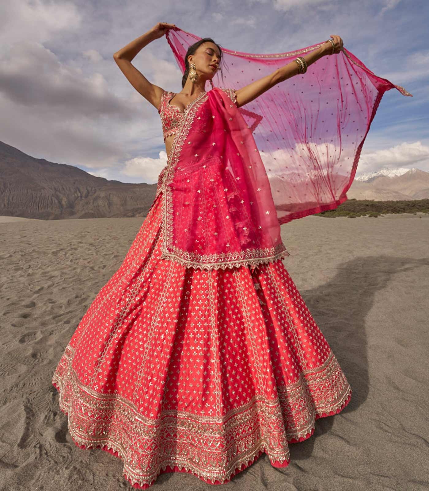 Rani Pink Embroidered Lehenga Set with Layered Dupatta