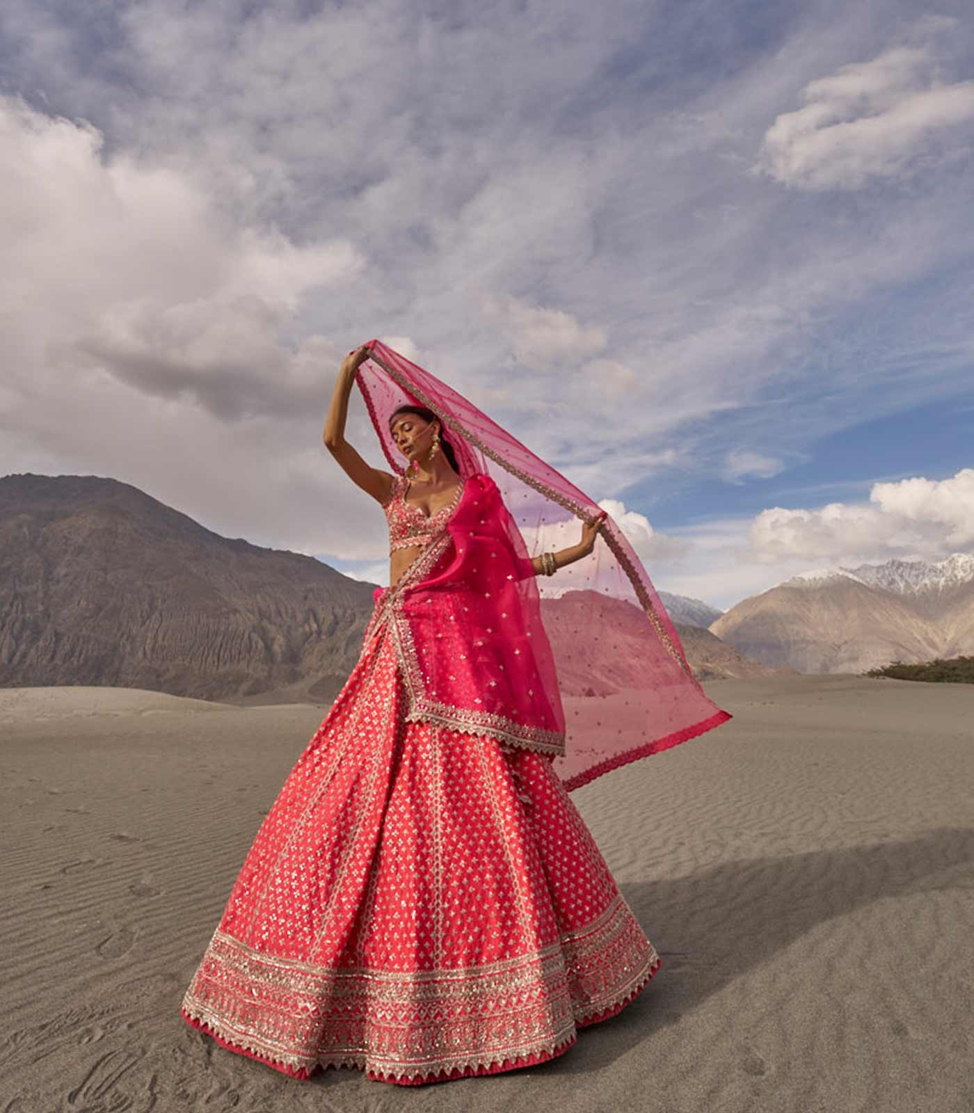 Rani Pink Embroidered Lehenga Set with Layered Dupatta