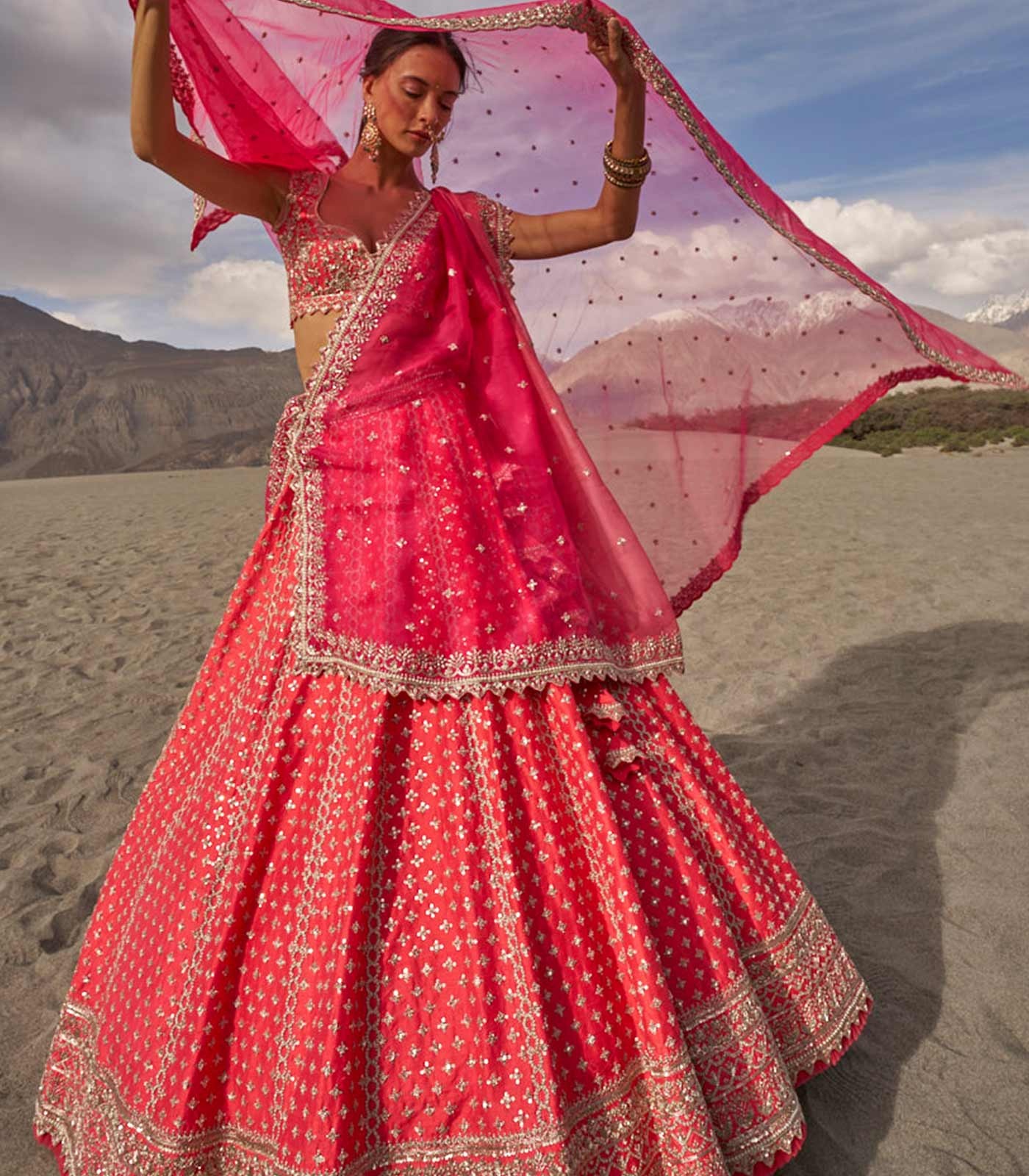 Rani Pink Embroidered Lehenga Set with Layered Dupatta