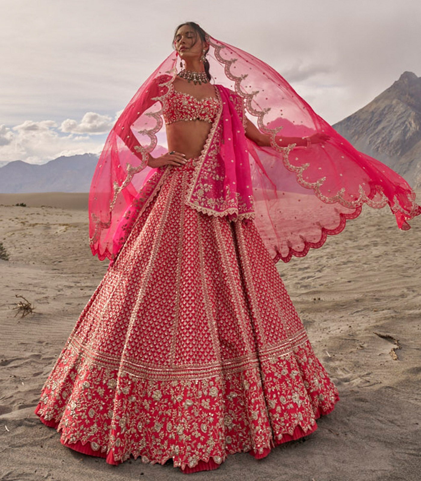 Rani Pink Hand Embroidered Bridal Lehenga with Scalloped Veil Dupatta