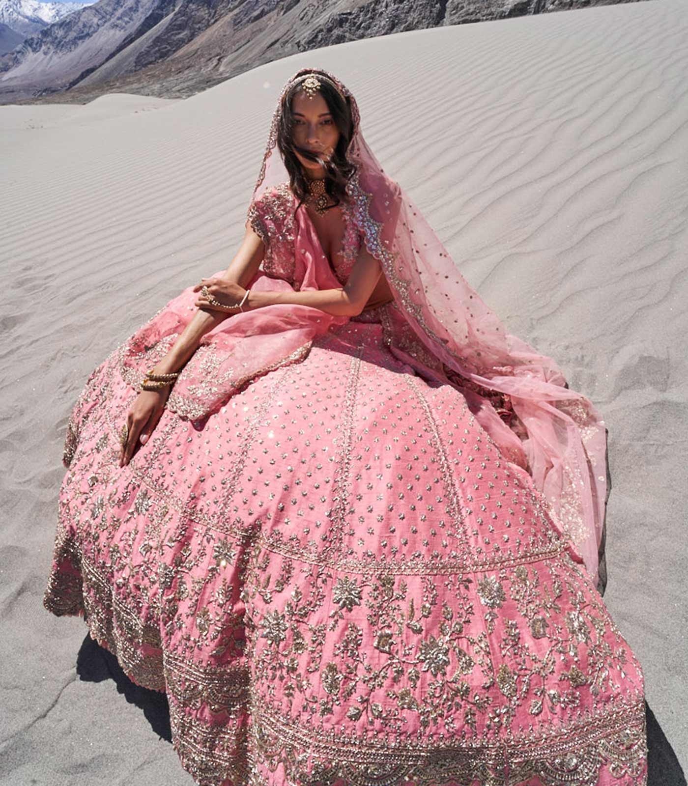 Dusty Rose Bridal Lehenga with Antique Gold Embroidery