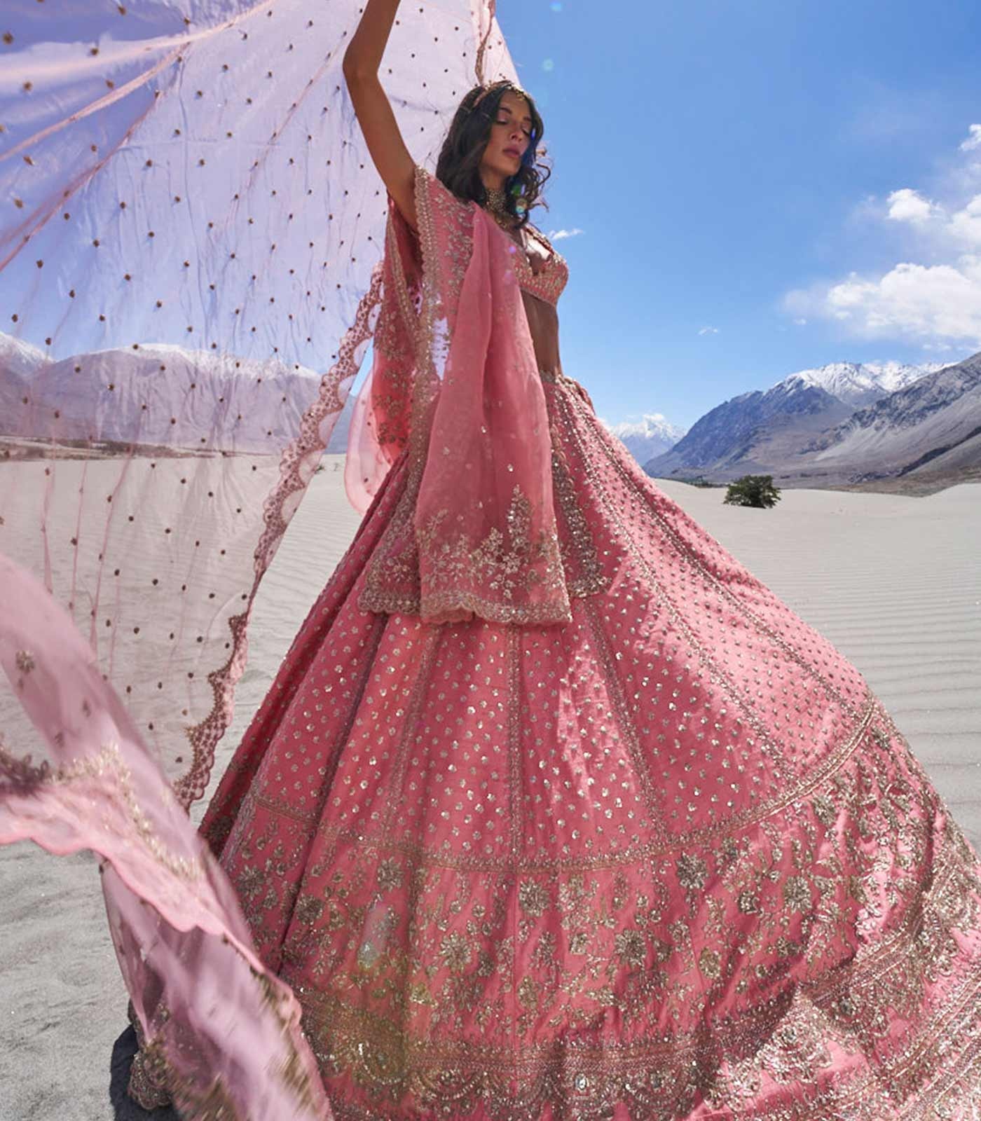 Dusty Rose Bridal Lehenga with Antique Gold Embroidery