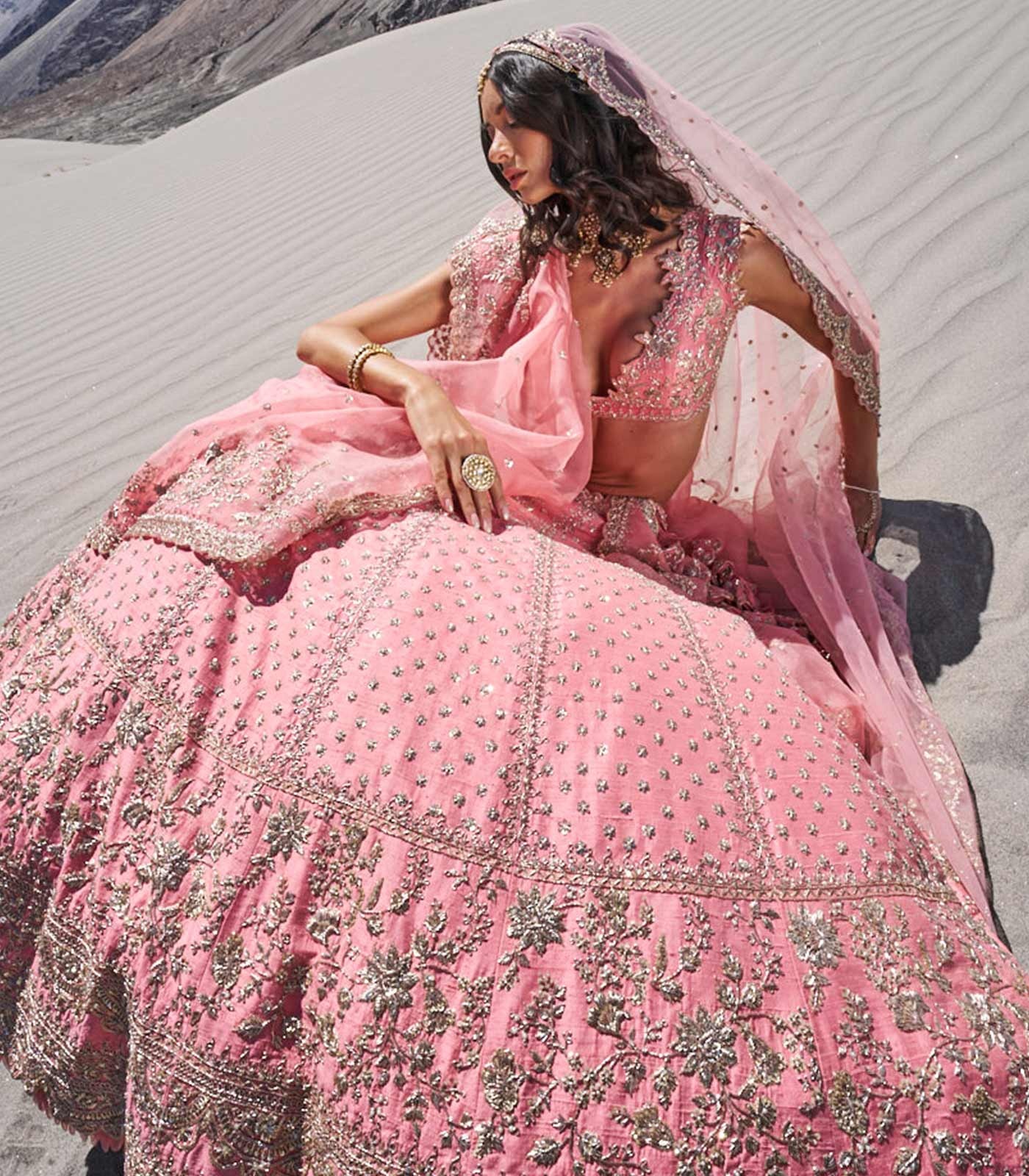 Dusty Rose Bridal Lehenga with Antique Gold Embroidery