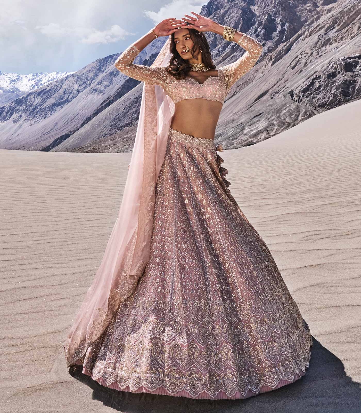 Dusty Blush Bridal Lehenga with Intricate Silver Embroidery