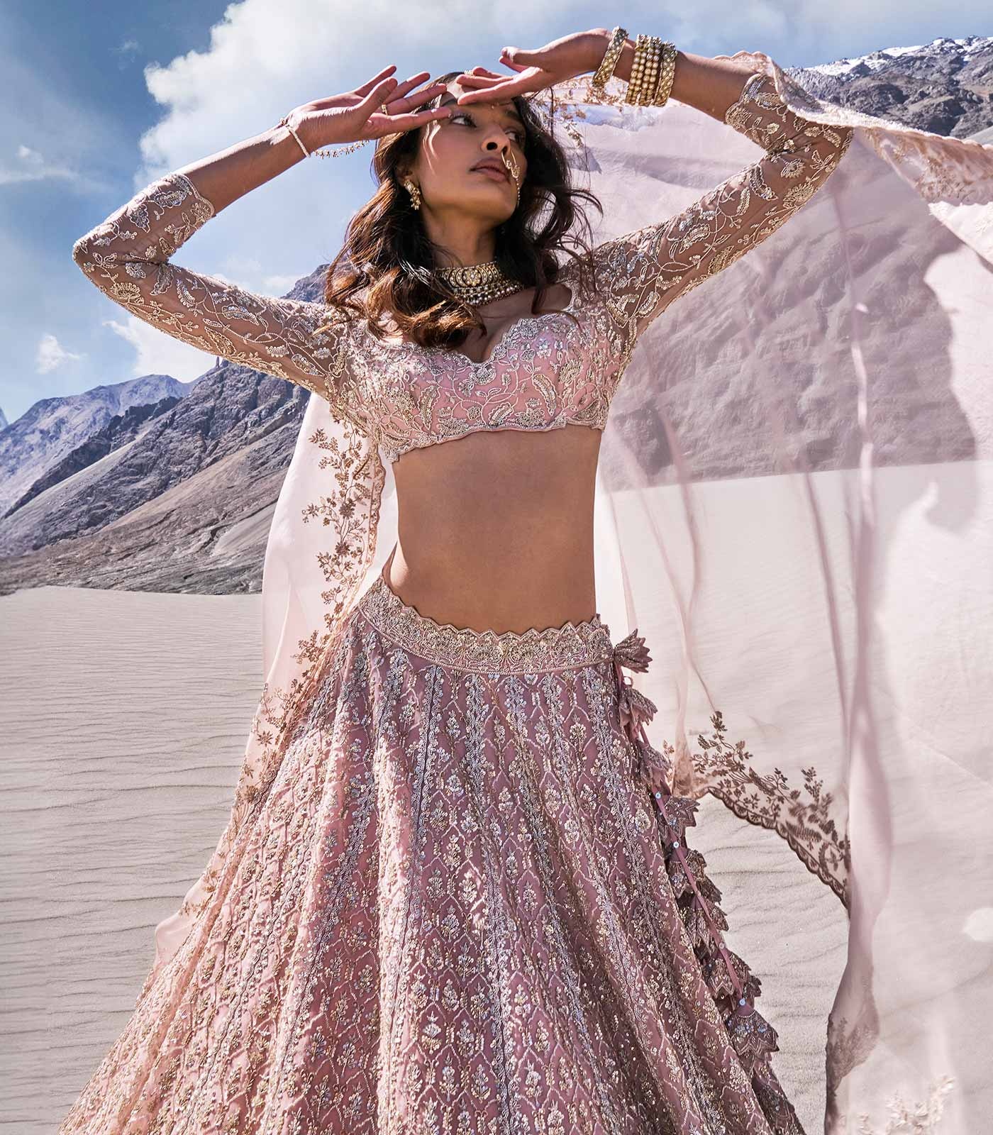 Dusty Blush Bridal Lehenga with Intricate Silver Embroidery