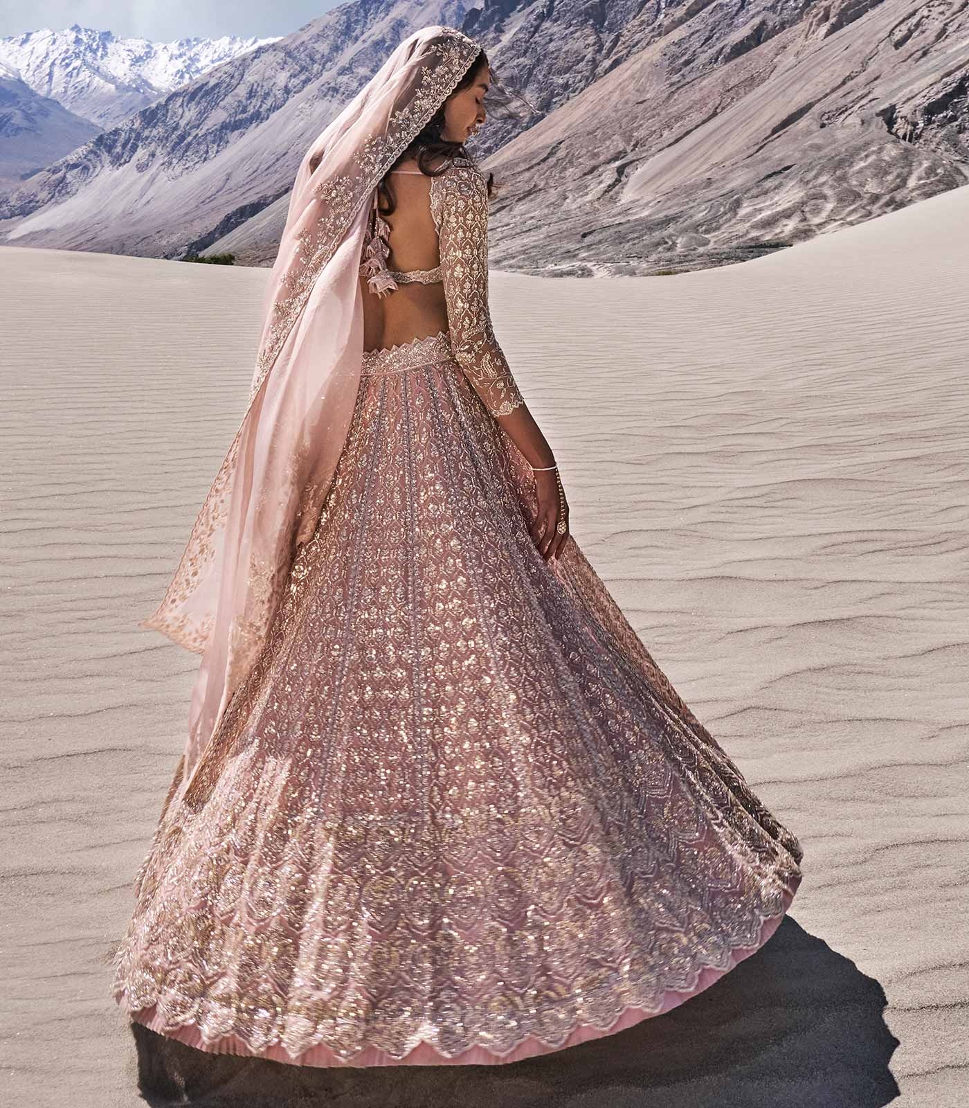 Dusty Blush Bridal Lehenga with Intricate Silver Embroidery