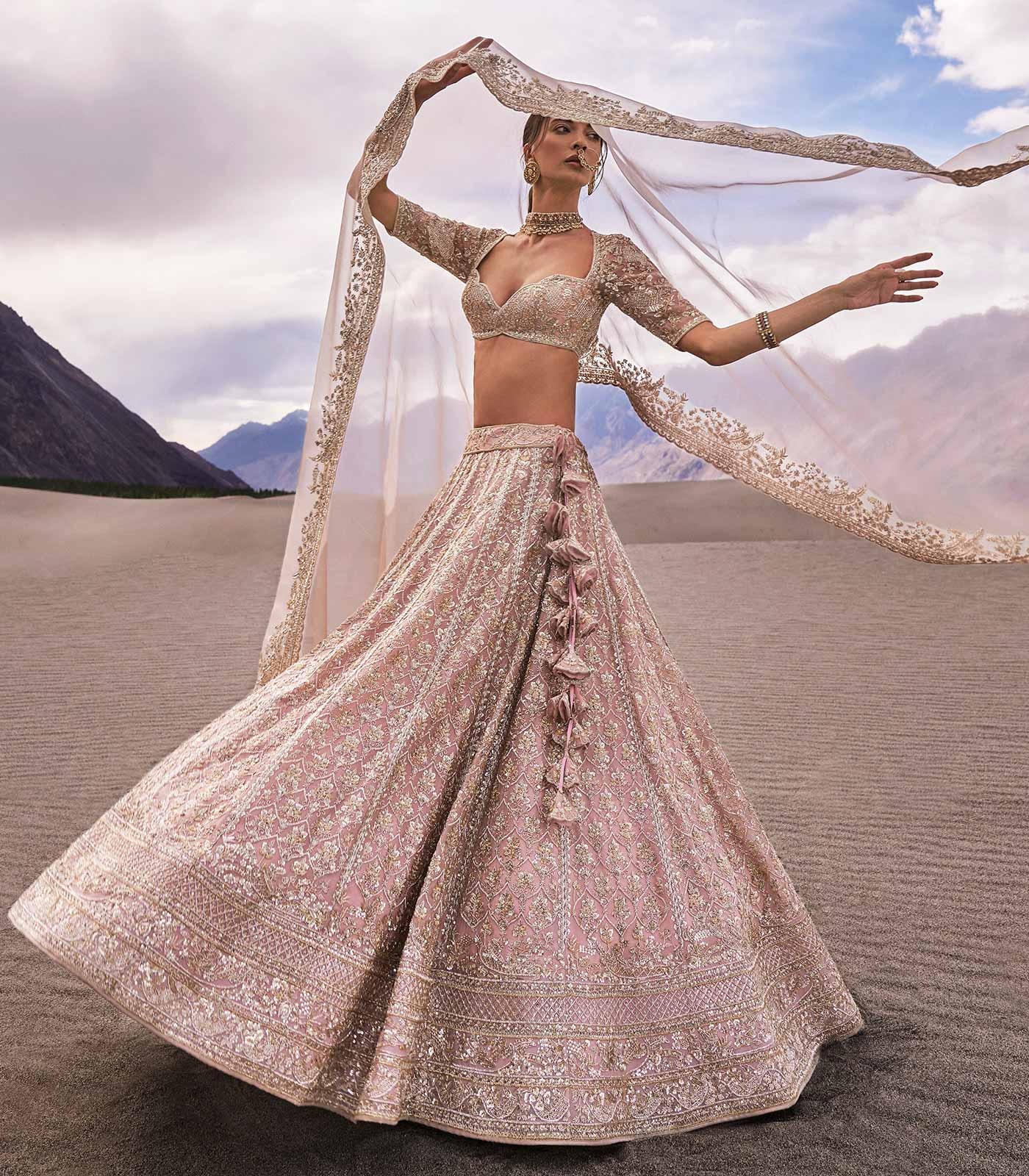 Soft Blush Pink Bridal Lehenga with Silver Embroidery and Sheer Dupatta