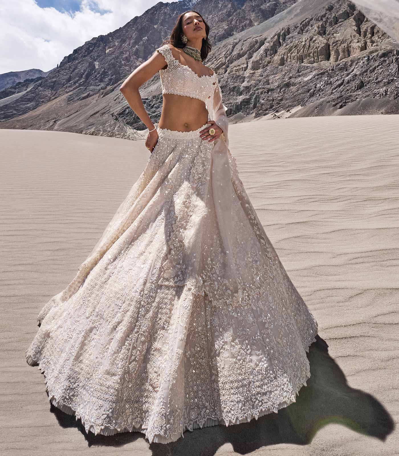Ivory Couture Bridal Lehenga with Floral Embroidery and Scalloped Detailing